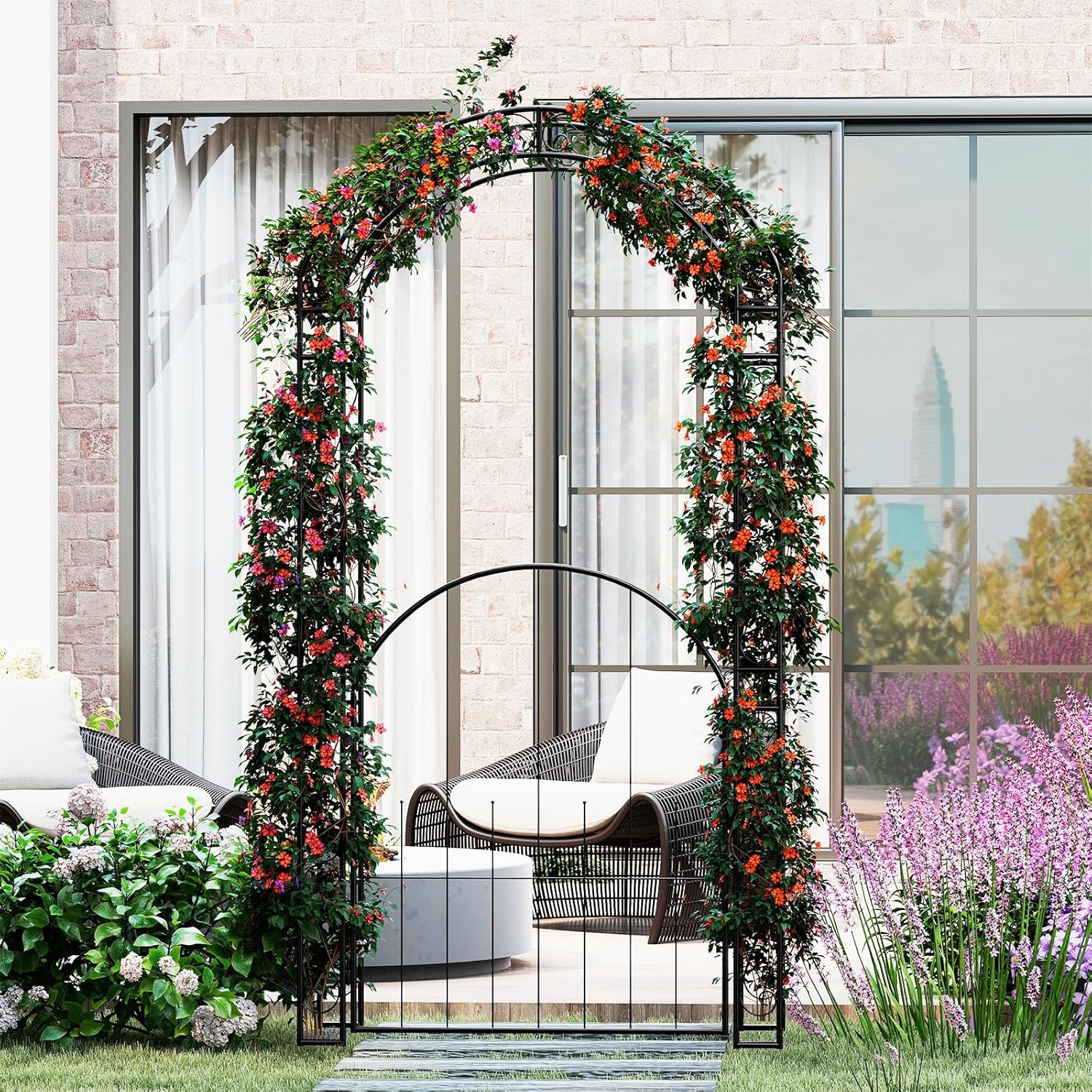 HAPPYGRILL 84" Garden Arbor with Gate & Climbing Trellises, Metal Garden Arch Archway for Outdoor Climbing Plant Rose Vine, Wedding Arch for Ceremony, Backyard Lawn Party Decor Patio Entrance