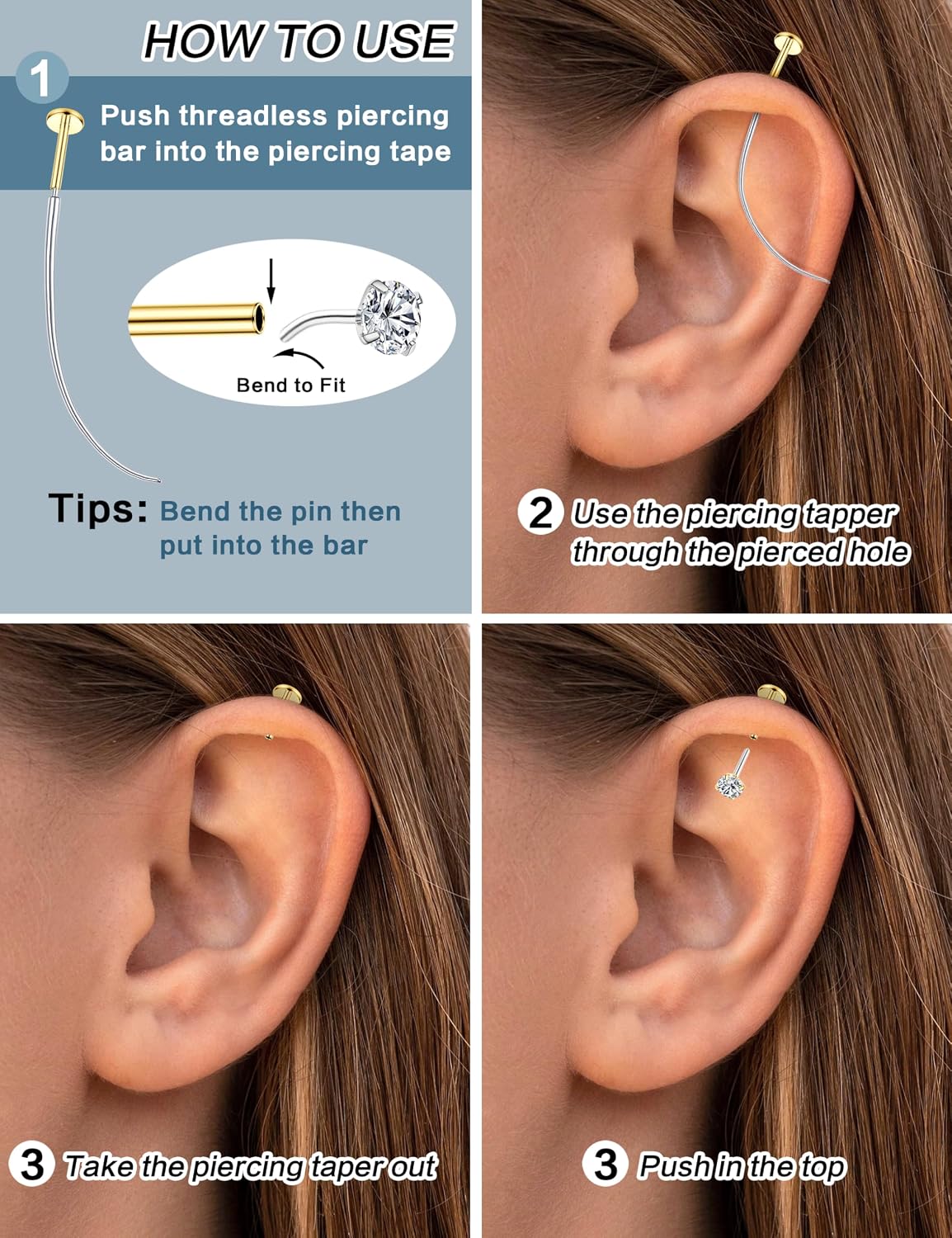 Flat Back Earrings Stud G23 Titanium Threadless Piercing Kit - Cartilage Earrings for Women Men - Hypoallergenic Tragus | Conch | Rook | Daith | Medusa | Lip | Labret | Nose Piercings Jewelry