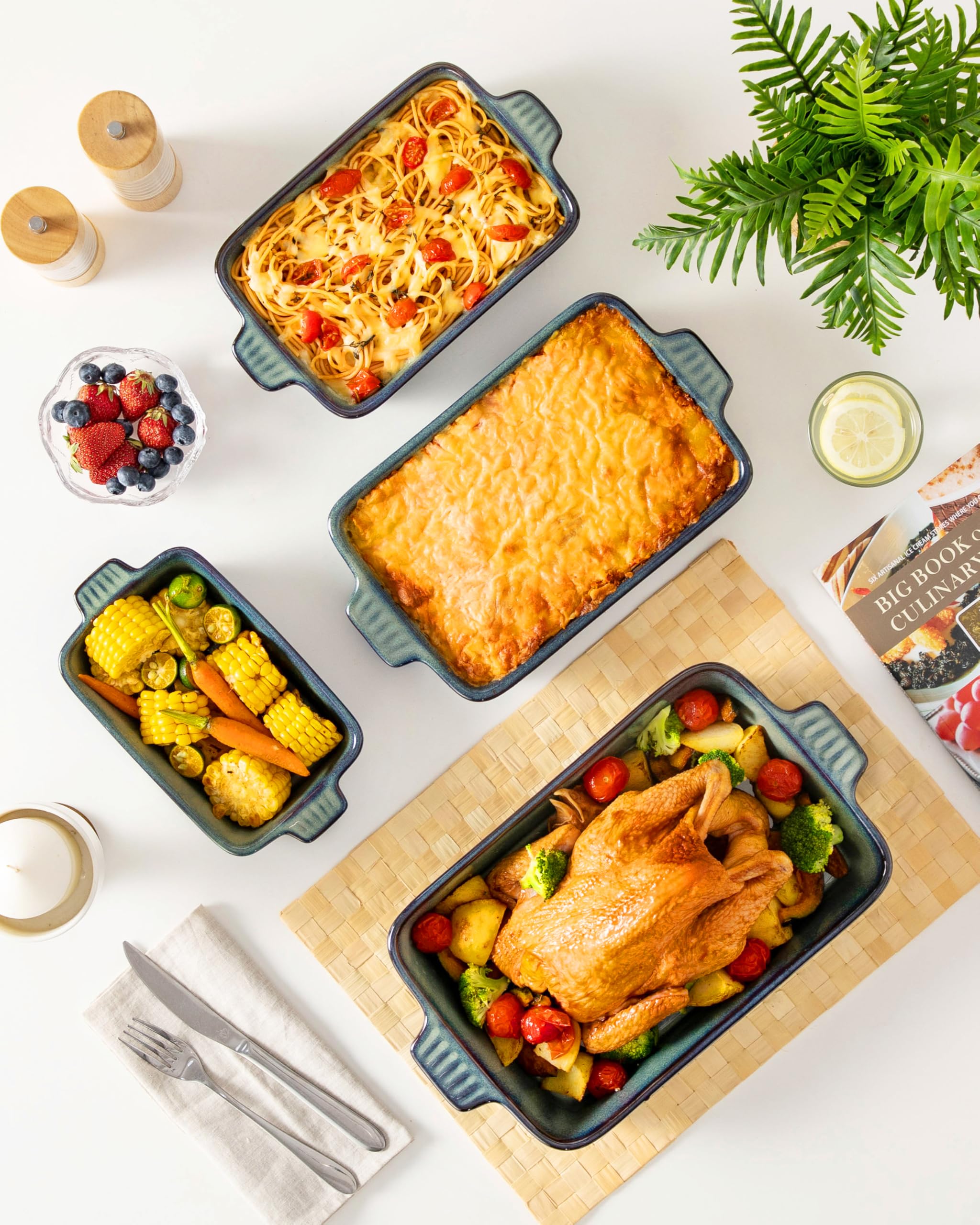 vancasso Auflaufform, 4-teilig Set Auflaufform Groß & Klein (37, 30, 28, 24 cm), Lasagne Auflaufform Rechteckig mit Griffen, Baking Dish aus Steingut Ofen & Spülmaschinenfest, Grün