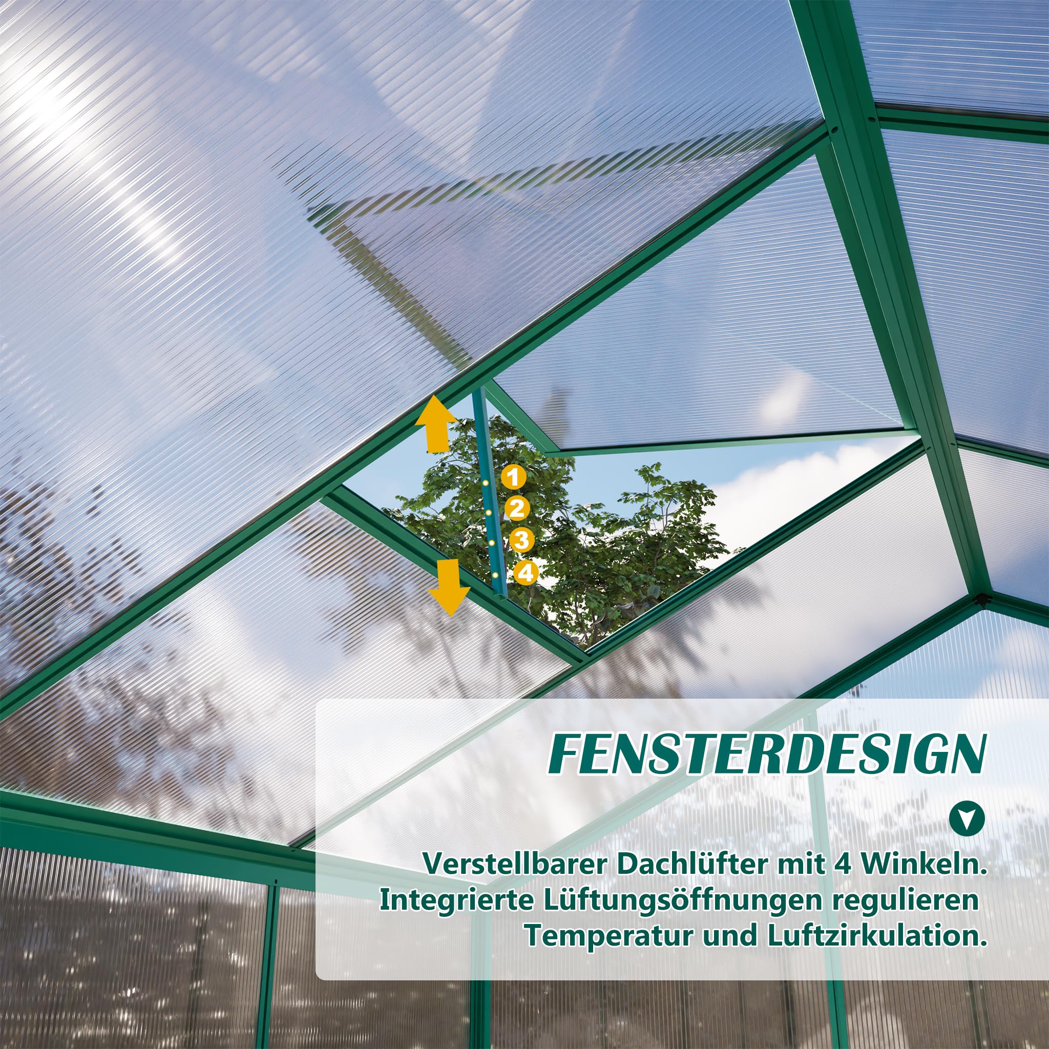 Gewächshaus 254×189×155cm Stabil und Sturmfest Transparente Polycarbonatplatte Wintergarten, Zimmergewächshaus für Verstellbarer Dachlüfter mit 4 Winkeln, Witterungsbeständigkeit Frühbeet,Tomatendach