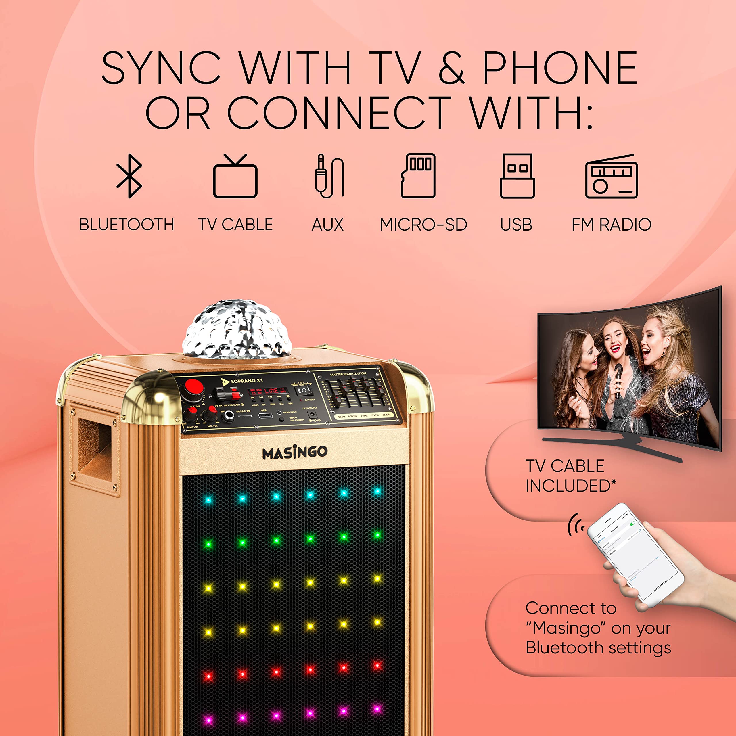 MASINGO Bluetooth Karaoke Machine for Adults and Kids - Portable Singing Equipment Set W/ 2 Wireless Karaoke Microphones - PA Speaker System with Disco Ball Lights & TV Cable - Soprano X1 (Gold)