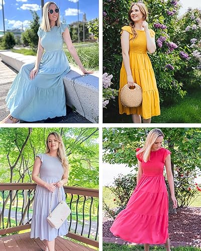 Miniatura 4 de MEROKEETY - Vestido midi fruncido de manga corta para mujer, vestido de verano casual, acampanado, con cintura elástica y escalonado