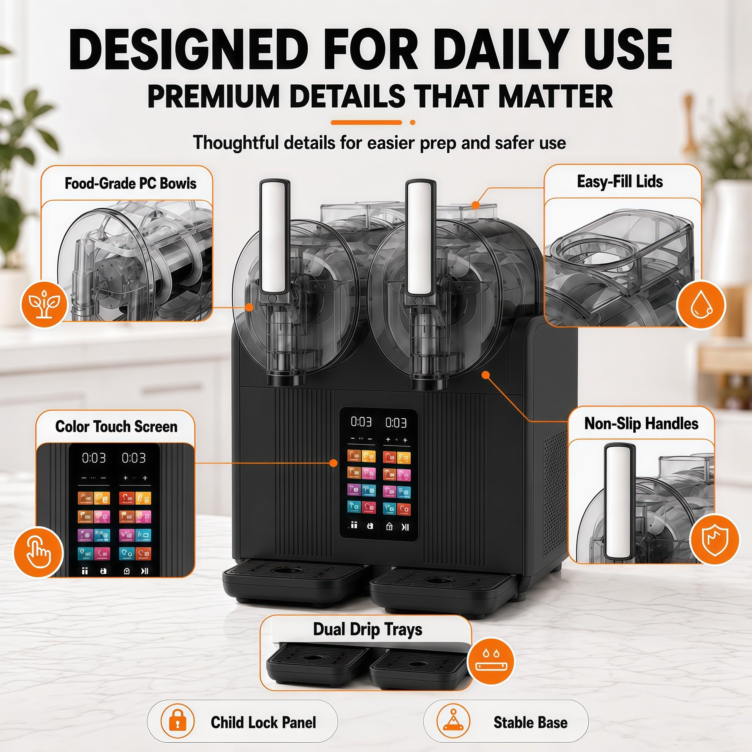 Máquina de Helado Soft y Granizadora Profesional 2 en 1, Máquina de Granizados de 2 Tanques Transparentes con Panel Táctil, Dispensador de Sorbete y Smoothie para Casa y Cafetería Black