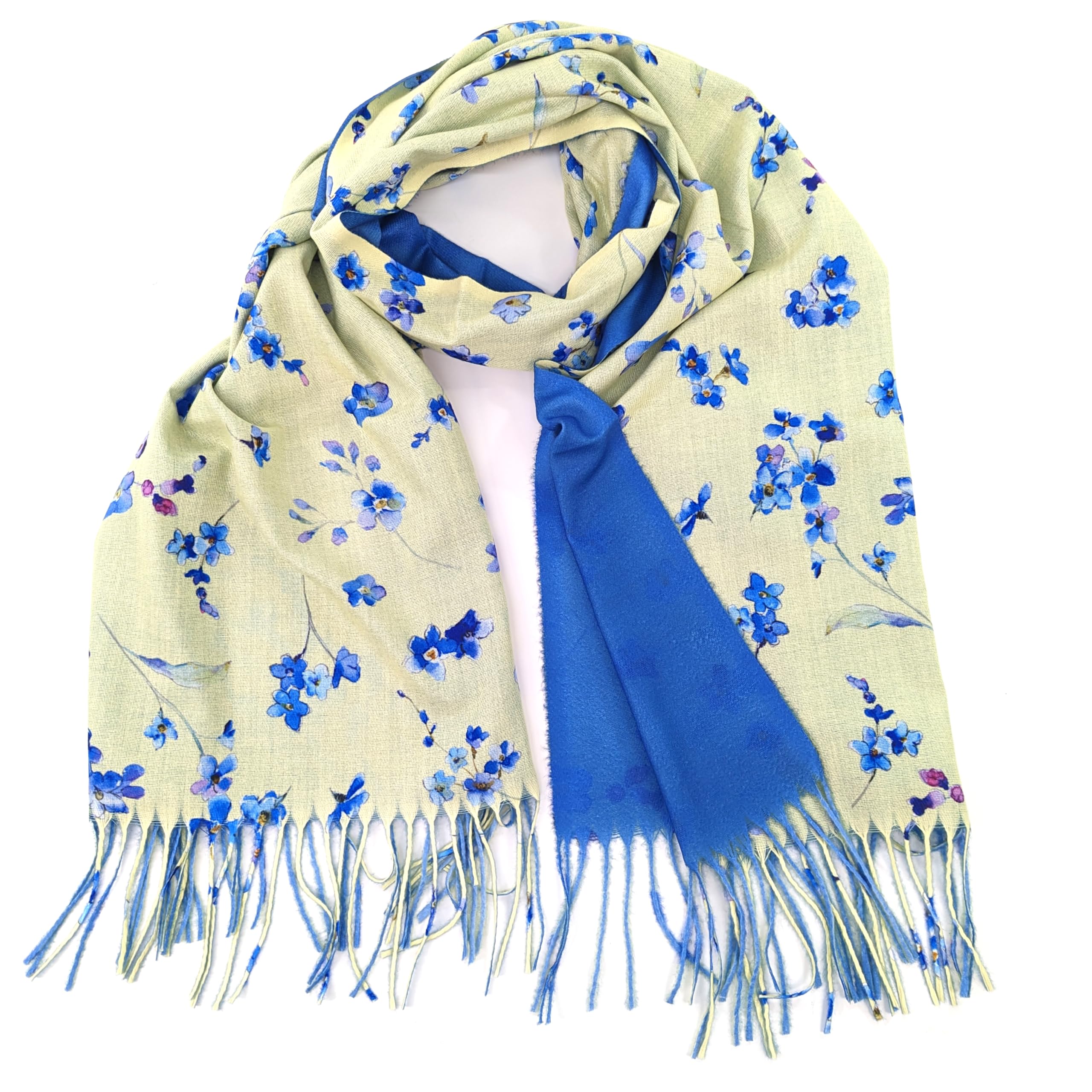 Black Ginger Large Ladies Floral, Forget Me Not Print Pashmina Style Scarf, Yellow with Blue Flowers, Tasseled Edges.
