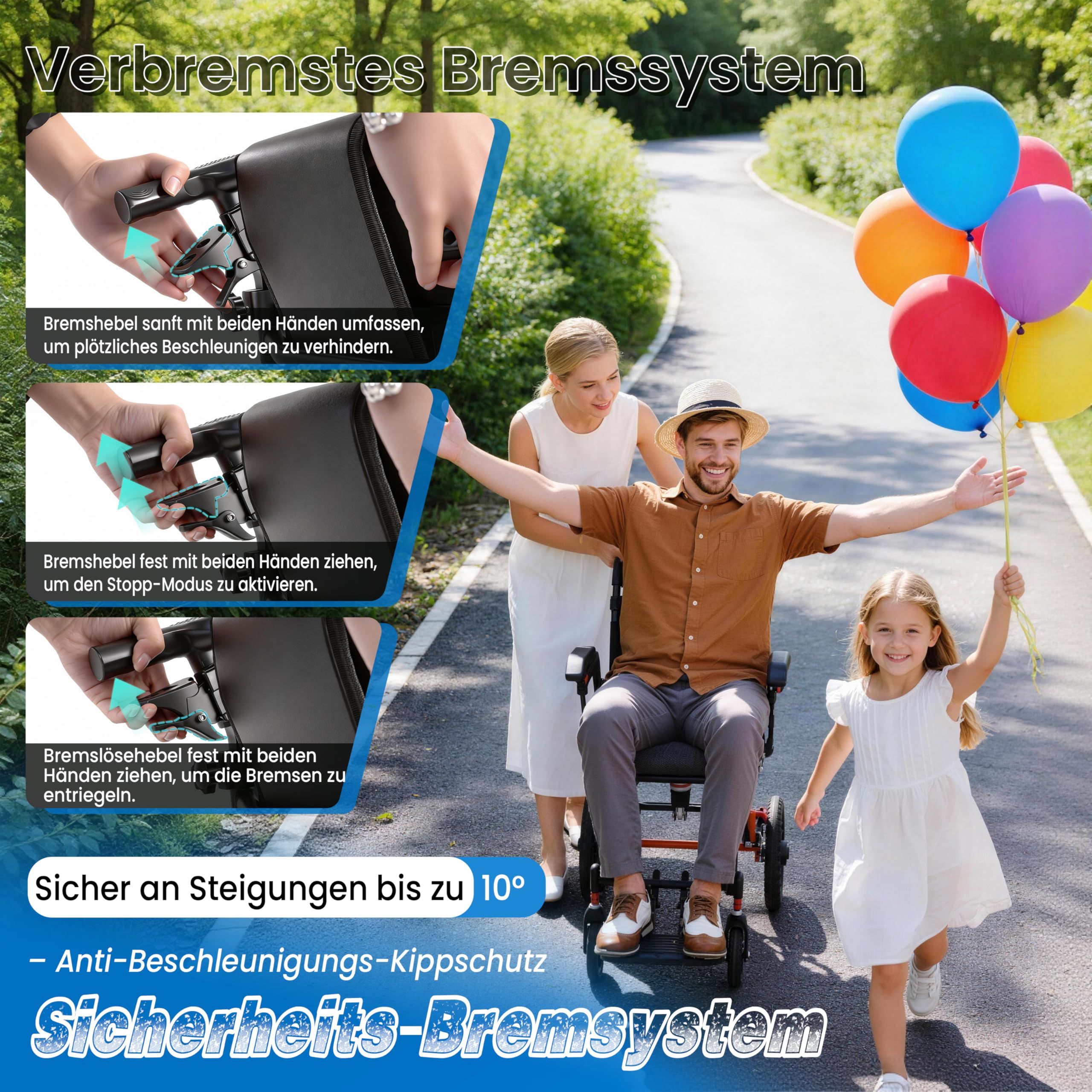 Verbesserte Rollstuhl Faltbar Leicht,Verstellbare Rückenlehne, Transportrollstühle mit Teleskopstiel, 28CM groß Honeycomb Gelände Reifen, Reisetasche, Backpack, Aufblasbare Sitzkissen