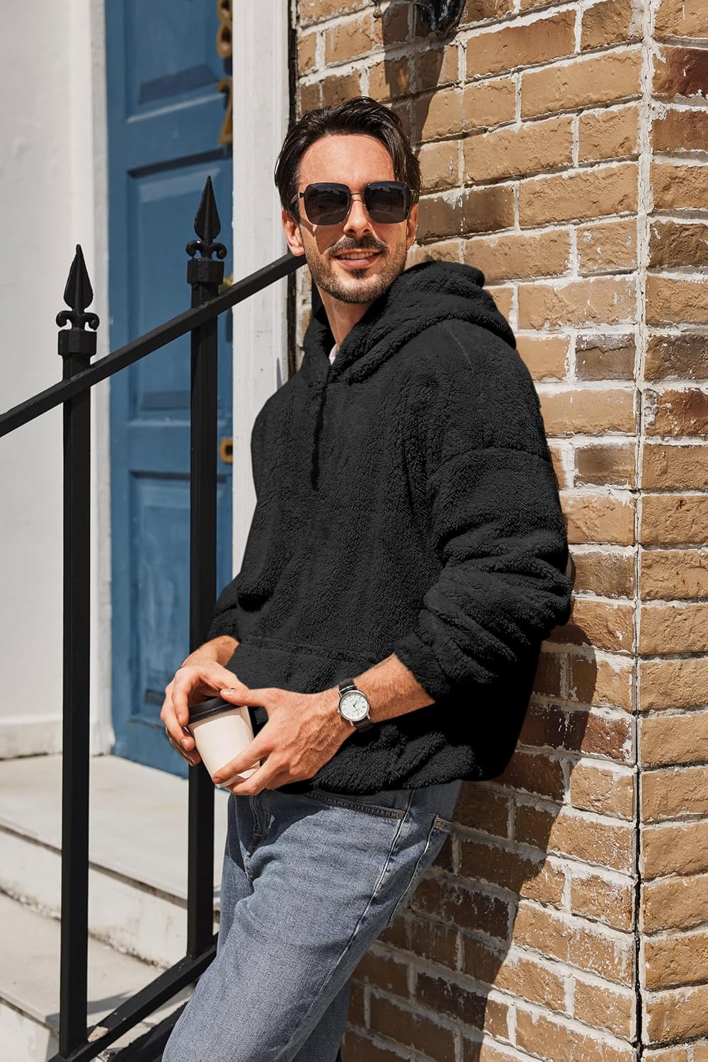 Runcati Mens Fuzzy Sherpa Pullover Hoodie Sweatshirts Long Sleeve Sport Front Pocket Military Fall Outwear Winter Hooded