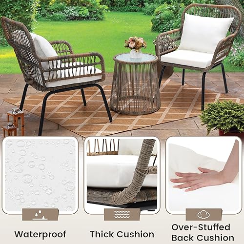 Miniatura 4 de Juego de 3 piezas de mimbre de mimbre, juego de conversación al aire libre, juego de muebles de mimbre con mesa superior de cristal, ahorro de