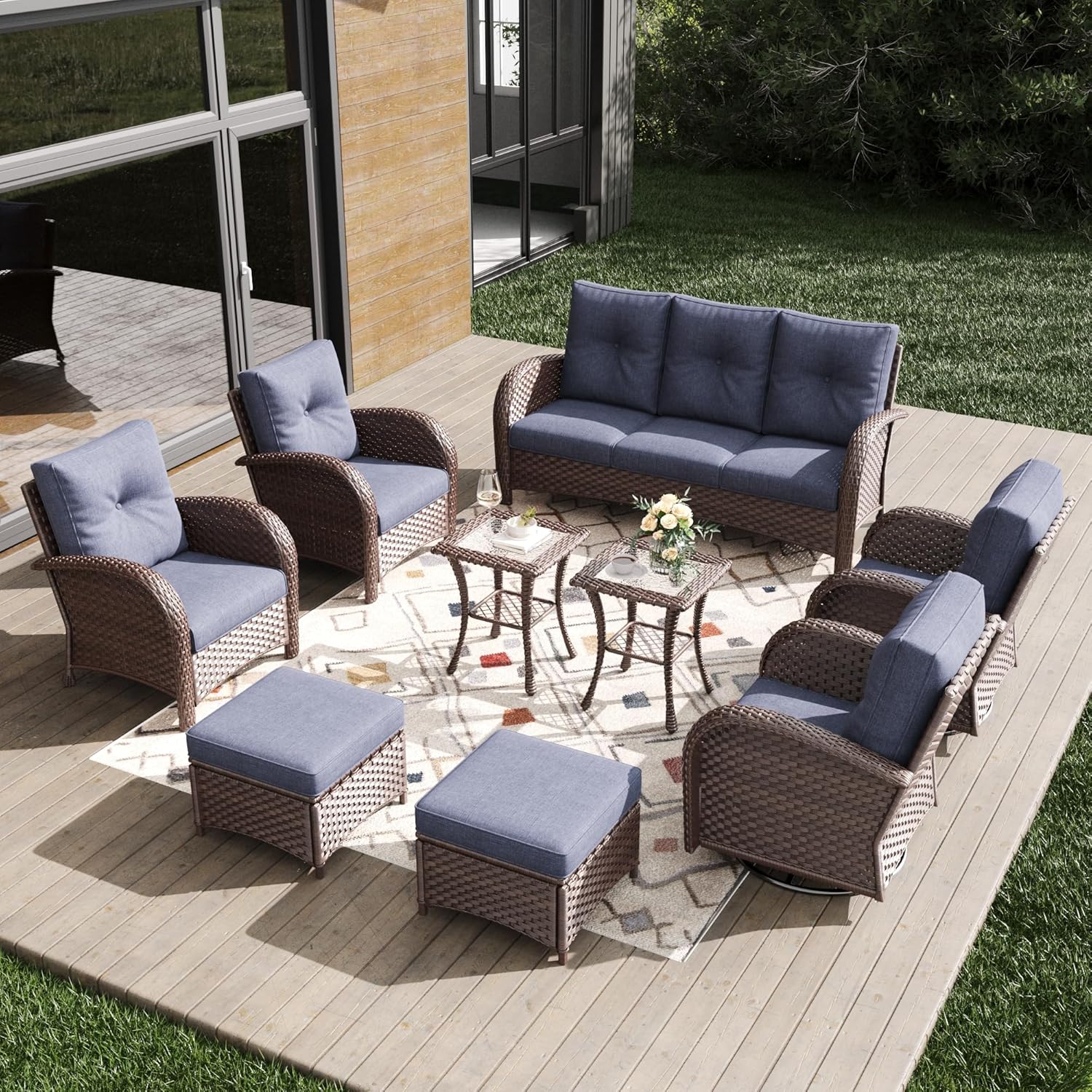 Outdoor Patio Furniture Sets 9 Pieces Wicker Swivel Rocker Chairs and Sofa Sets with Coffee Table for Backyard Deck