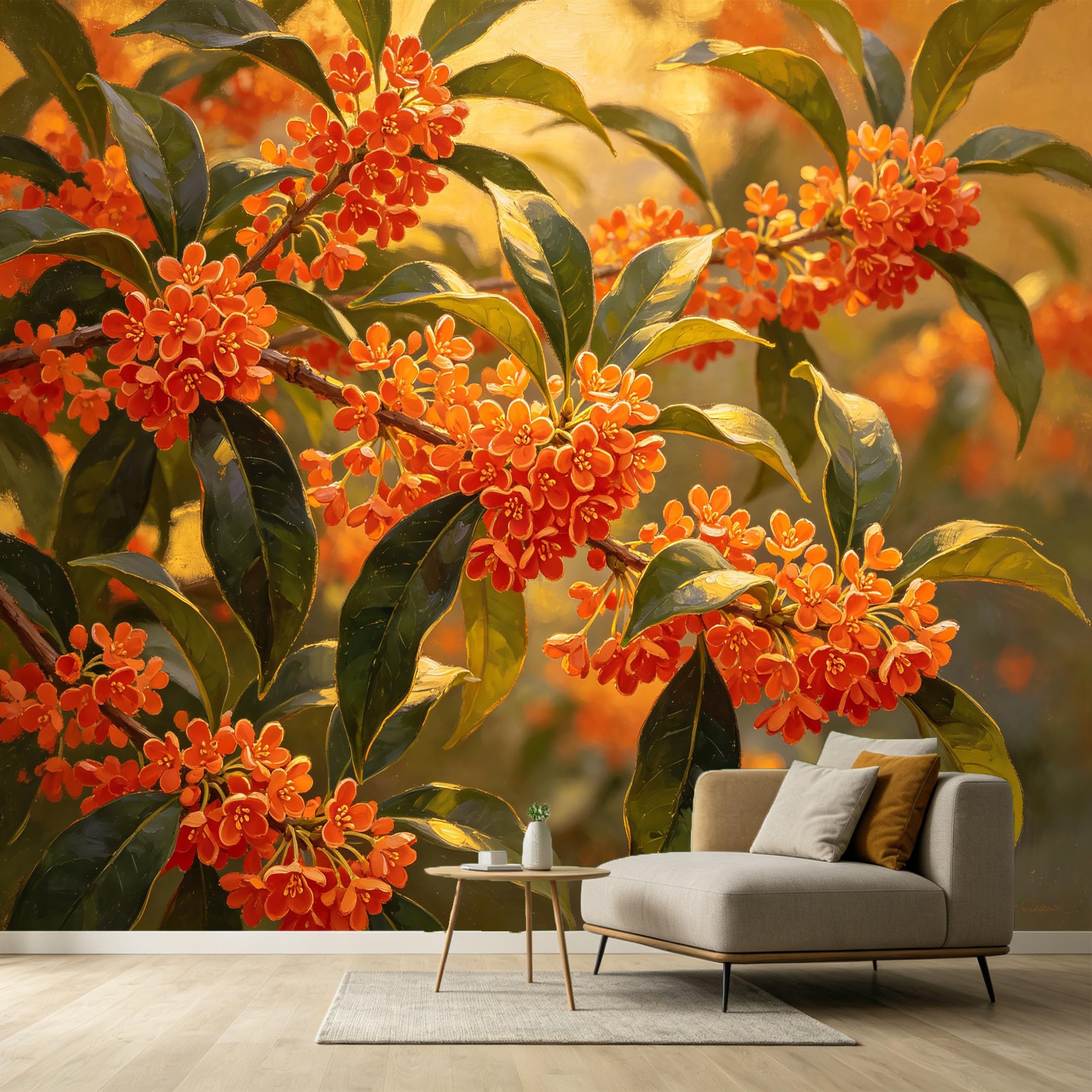 Custom Size Wall Murals Orange Osmanthus Flowers Botanical Oil Painting Textured Branches Nature Art SelfAdhesive Wall Fabric Removable Large Wallpaper Photo for Living Room