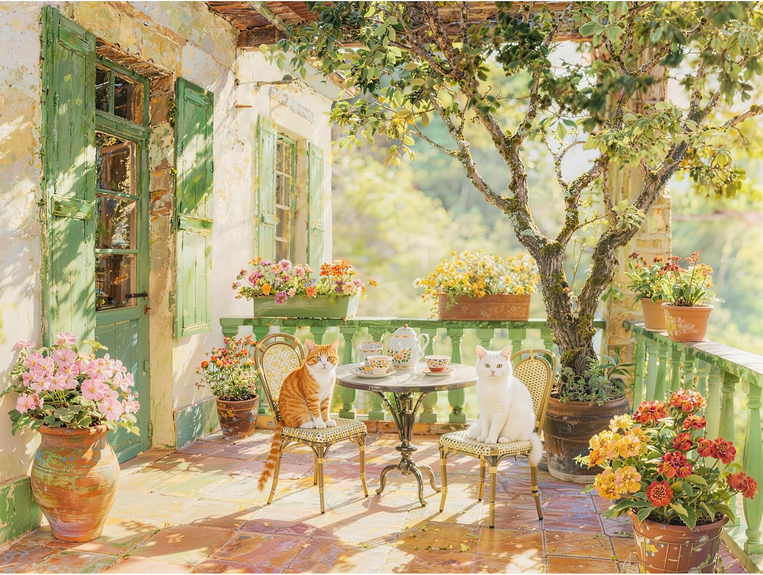 Jigsaw Puzzles for Adults 1000 Pieces, Idyllic Cats on French Country Terrace 28x20 Inch Cozy Garden Scene with Tea Set & Flowers, Relaxing Challenge for Cat Lovers