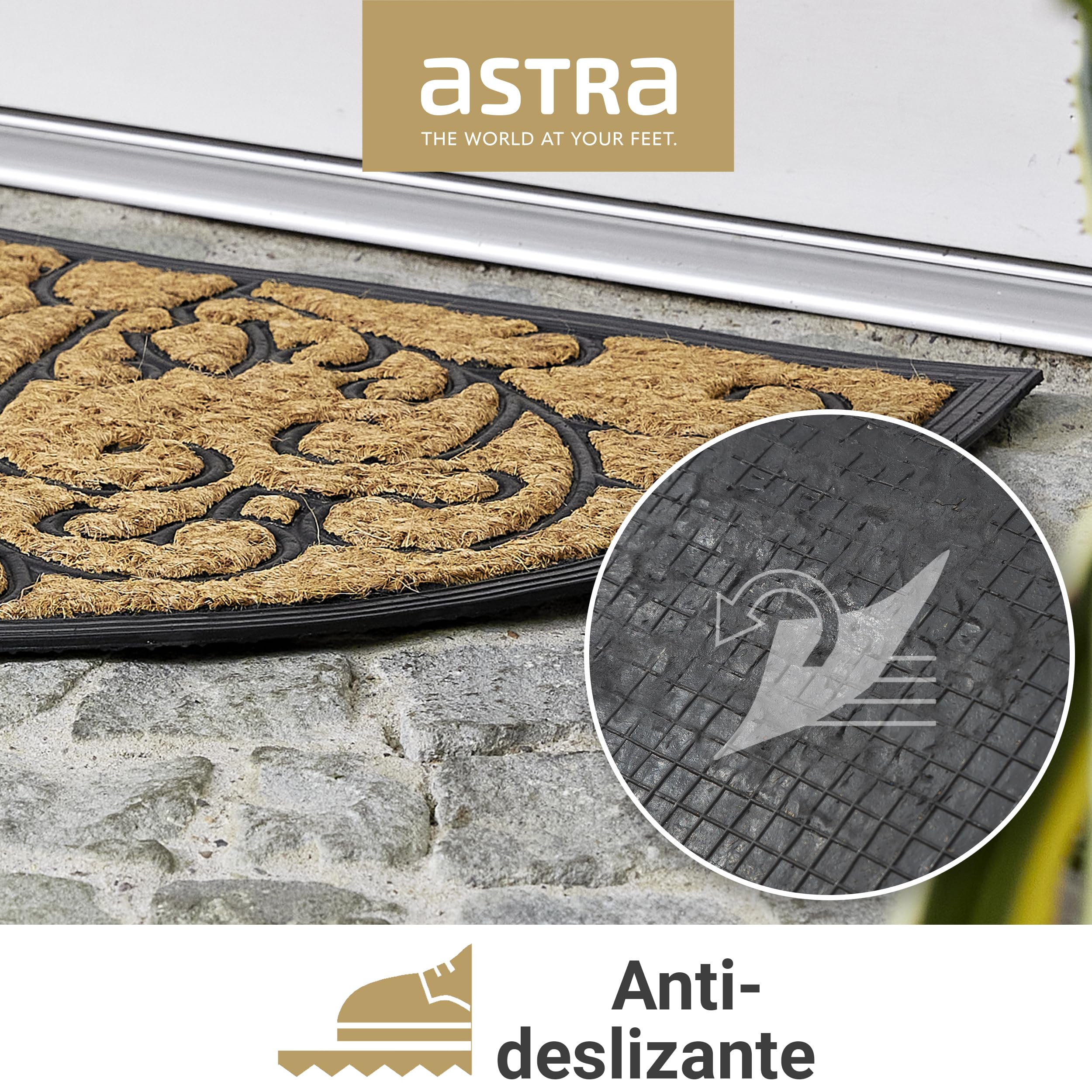 Astra Felpudo de Exterior Antideslizante Resistente a la Intemperie - Coco Deluxe Felpudo de Goma y Coco Antibacteriano - atrapa Suciedad 45x75 cm Set de 2 Relieve Media caña