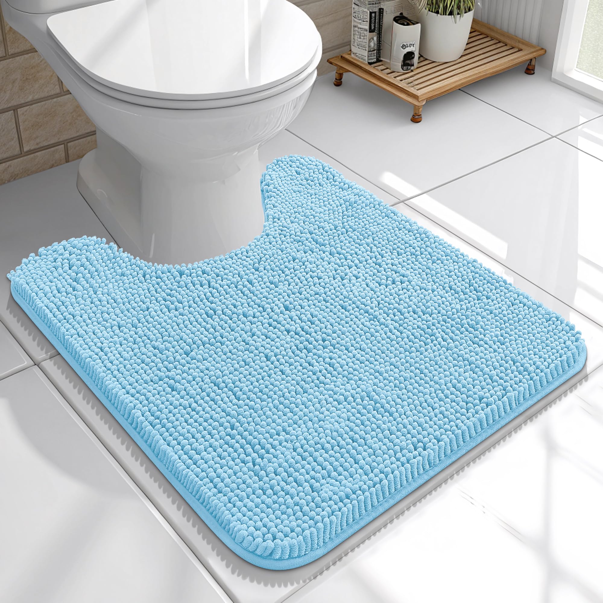 OLANLY Toilet Rugs U-Shaped 20x20, Soft Absorbent Chenille Contour Rugs | Sky Blue, Quick-Drying Rubber Backing, Machine Washable Non-Slip Shaggy Bathroom Mat for Toilet, Home Decor Accessories
