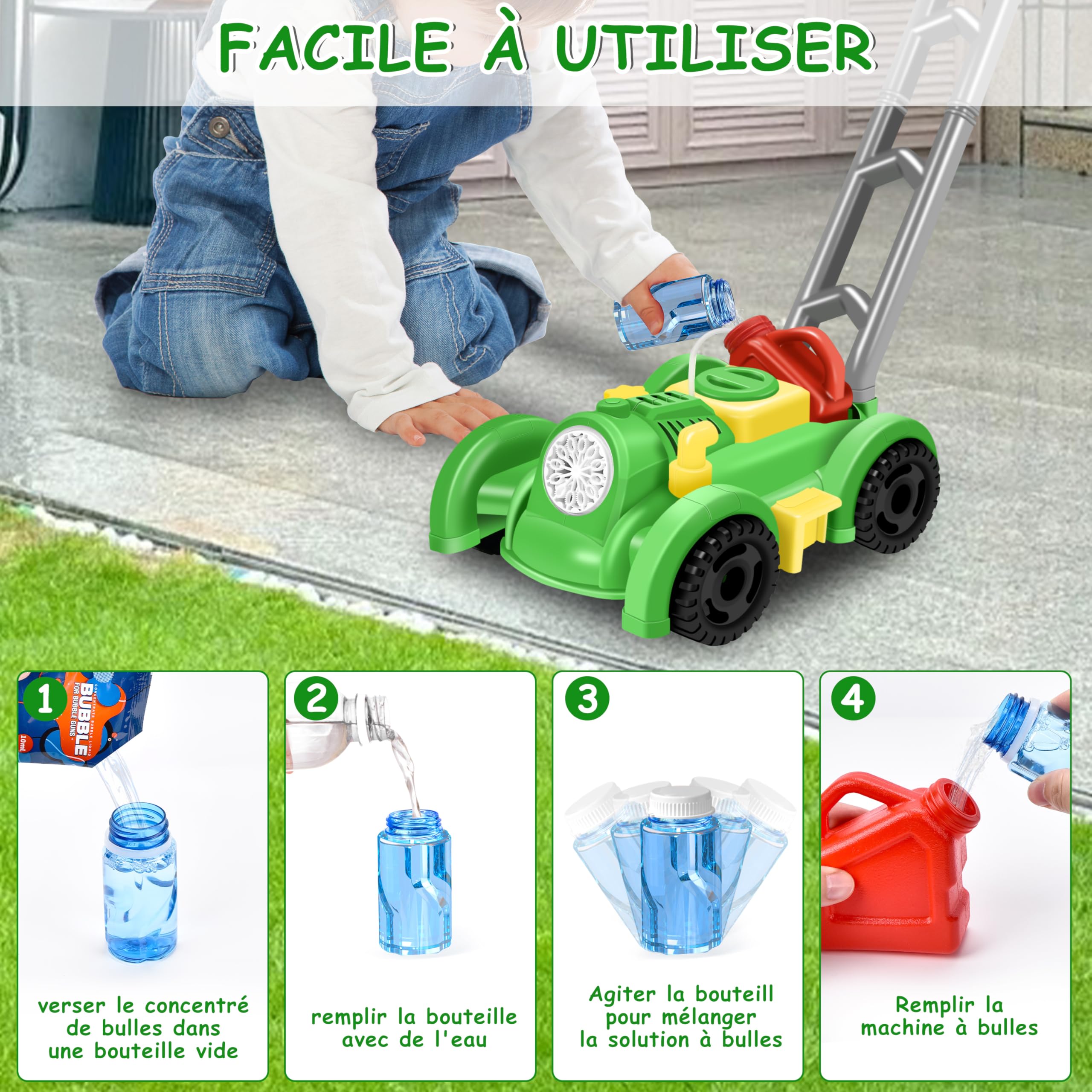 Herefun Tondeuse à Bulles Enfant, Machine à Bulles Automatique, Soufflante à Bulles Automatique Alimentée par Pile, Tondeuse à Gazon Jouet pour Activités en Plein Air Enfant (Vert)