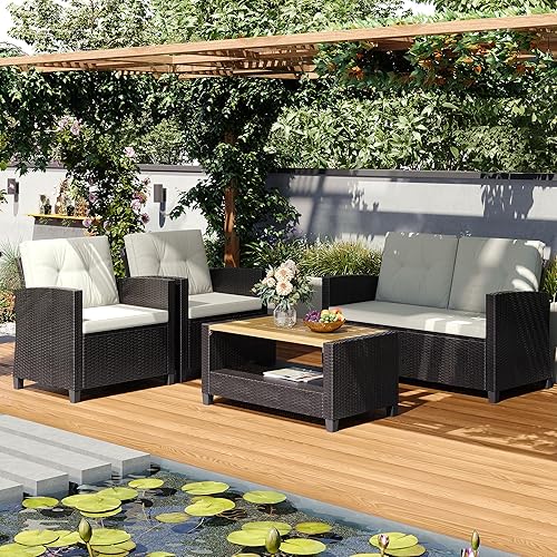 Wisteria Lane 4 Piece Patio Furniture Set, Wicker Outdoor Patio Conversation Furniture Set, All Weather Outdoor Patio Sofa with Cushion and Glass Table, Beige