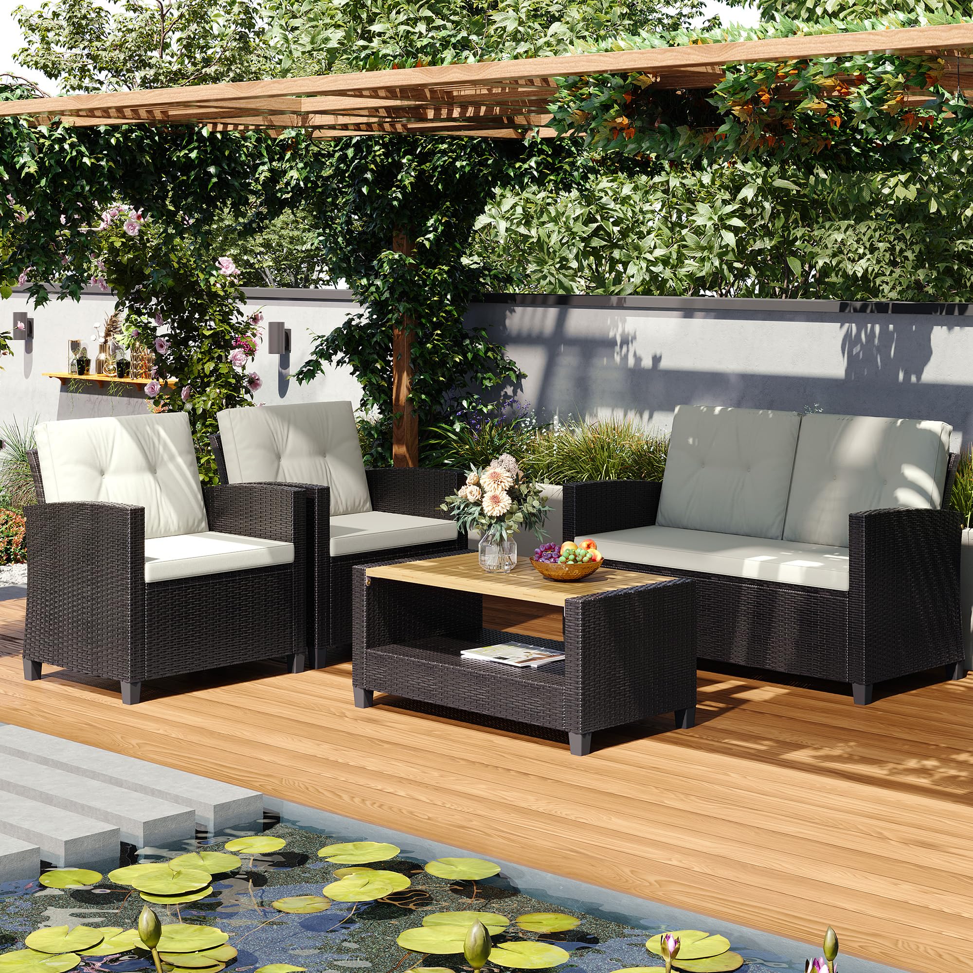 Wisteria Lane 4 Piece Patio Furniture Set, Wicker Outdoor Patio Conversation Furniture Set, All Weather Outdoor Patio Sofa with Cushion and Wood Table, Beige