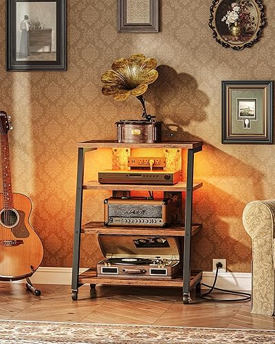 Miniatura 6 de Soporte multimedia AV de 4 niveles y soporte de TV con paquete de toma de corriente, soportes estéreo, consola de TV multimedia con tira de luz LED,