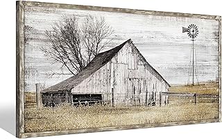 Barn Framed Wall Art Farmhouse: Rustic Farm Wood Picture Decor Large Windmill Country Scene Painting Horizontal Nature Landscape Artwork Panoramic Countryside View Print for Home Living Room Bedroom