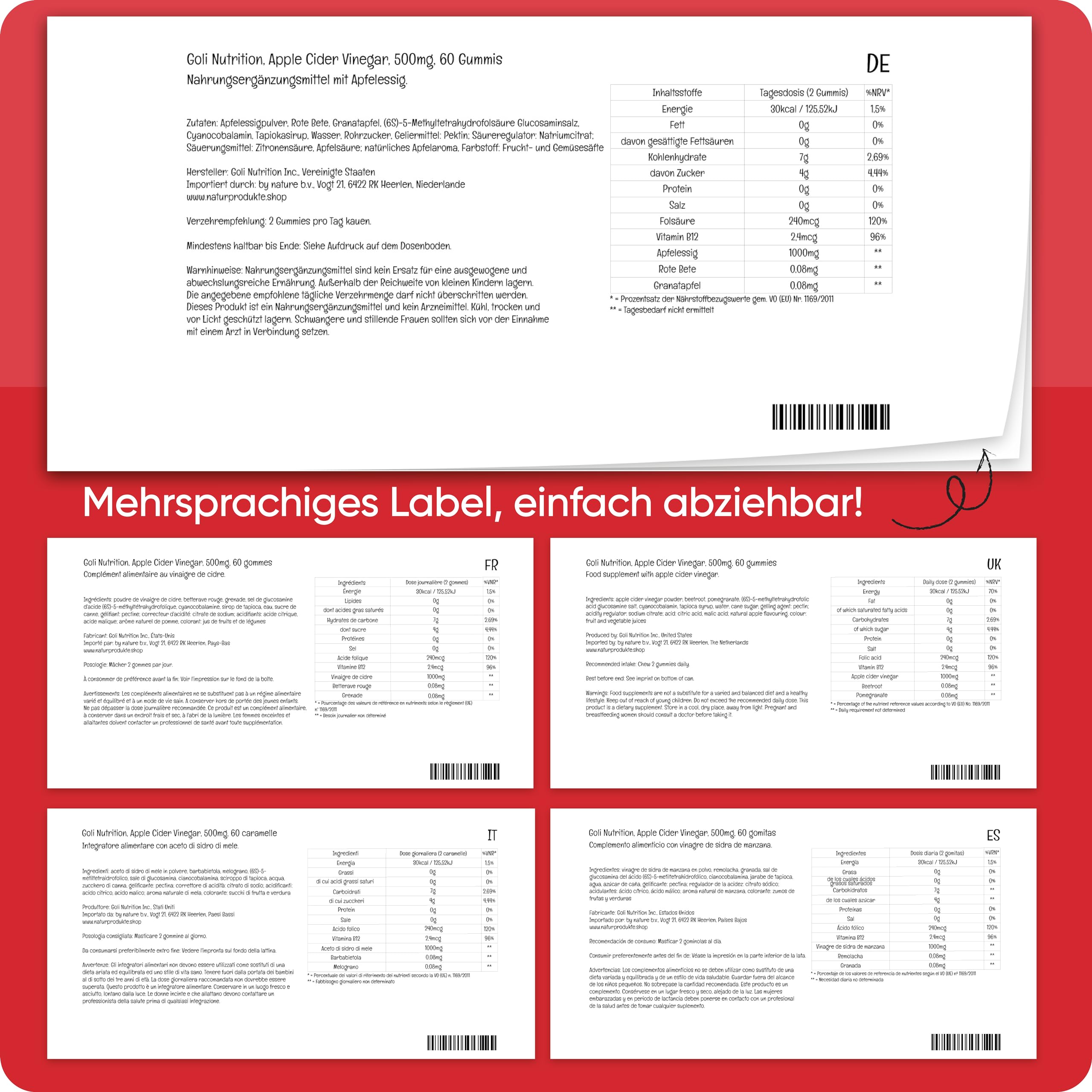 Goli Nutrition, Apple Cider Vinegar, 60 vegane Gummies, 1000mg Apfelessig je Dosis, Glutenfrei, Sojafrei, GMO frei, natürliches Aroma