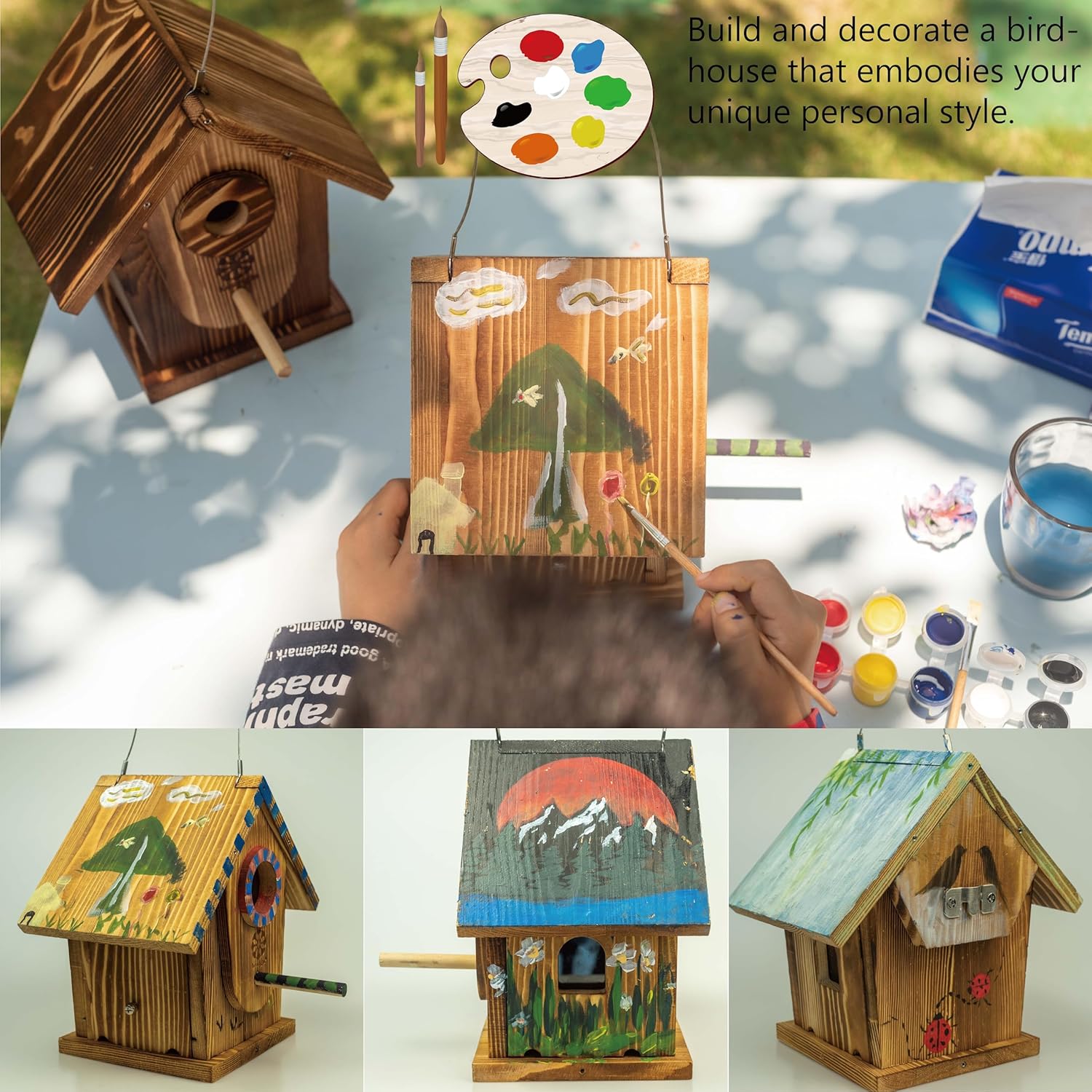 Bird Houses for Outside,DIY Kit for Adults & Kids,Solid Mortise & Tenon Structure,Carbonized for Durability and Aesthetic Appeal,Easy to Clearance,Paint Kit Included
