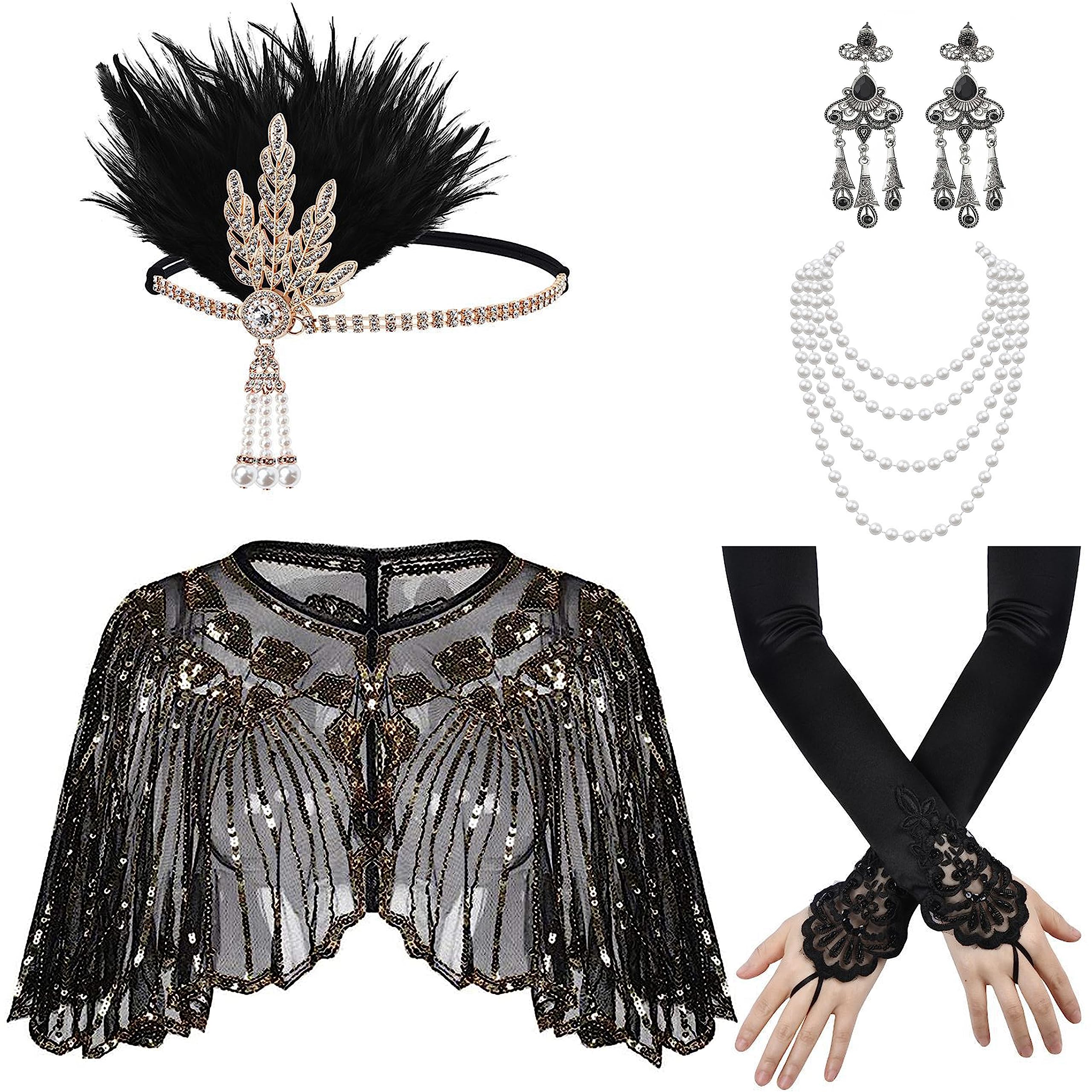 SAISI1920s Flapper Gatsby Accessories Roaring 20's Accessories with Flapper Shawl Headband Vintage Design for Women