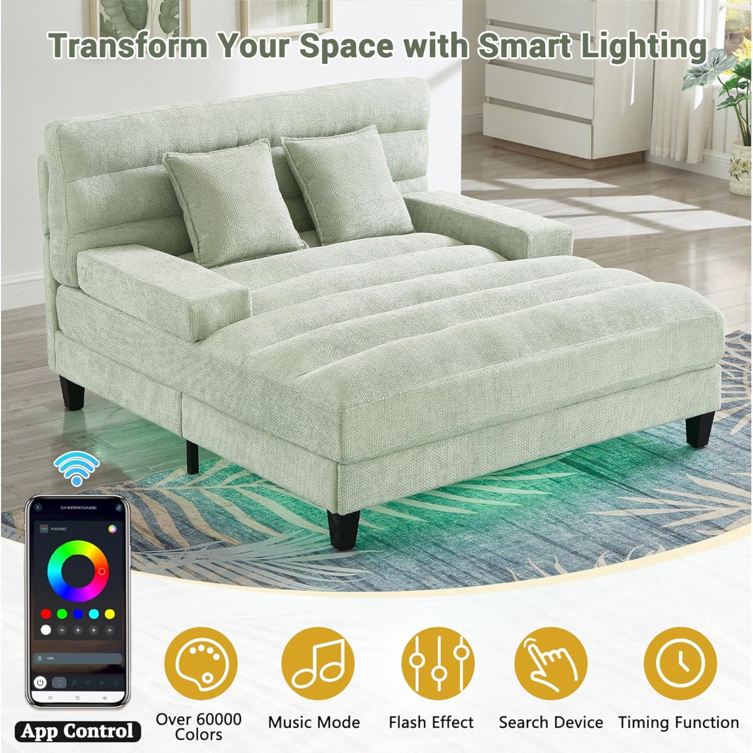 Merax Boneless Couch 2 Seat Chaise Lounge Sofa with Light, 6-Position Adjustable Backrest, 57.1" Sofa Bed Chenille Upholstered Sleeper Sofa with 2 Throw Pillows for Living Room (Green)