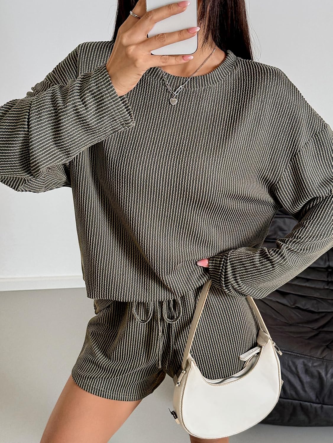 Womens 2 Piece Sets Ribbed Textured Knit Long Sleeve Shirts and Shorts Matching Lounge Set Loungewear - Image 2