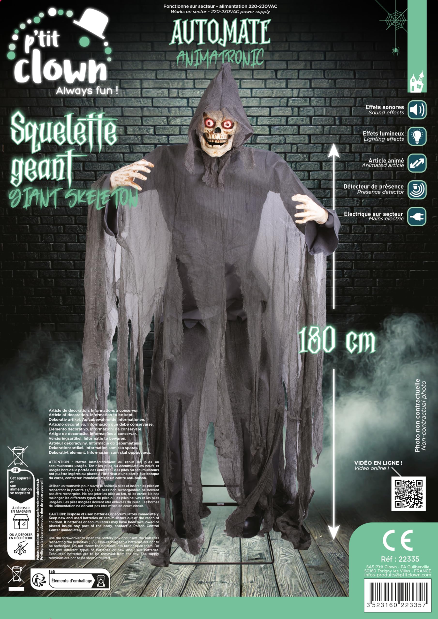 P'TIT CLOWN - 22335 - Automate Squelette Géant Halloween 180 cm - Animatronique Halloween Animatronic - Décoration Animée, Sonore et Lumineuse avec Détecteur de Présence - Alimentation Secteur