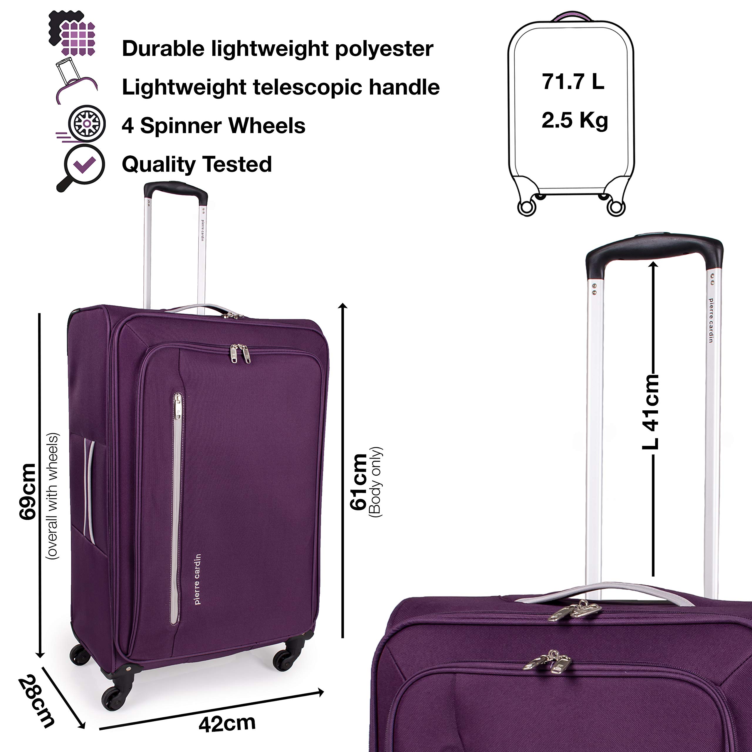 Pierre Cardin Cion CL610M - Valigia con lati morbidi e ruote resistenti testate contro lo stress, con maniglia telescopica e cinghie di imballaggio, Viola & Grigio Chiaro, M, M: 69 cm