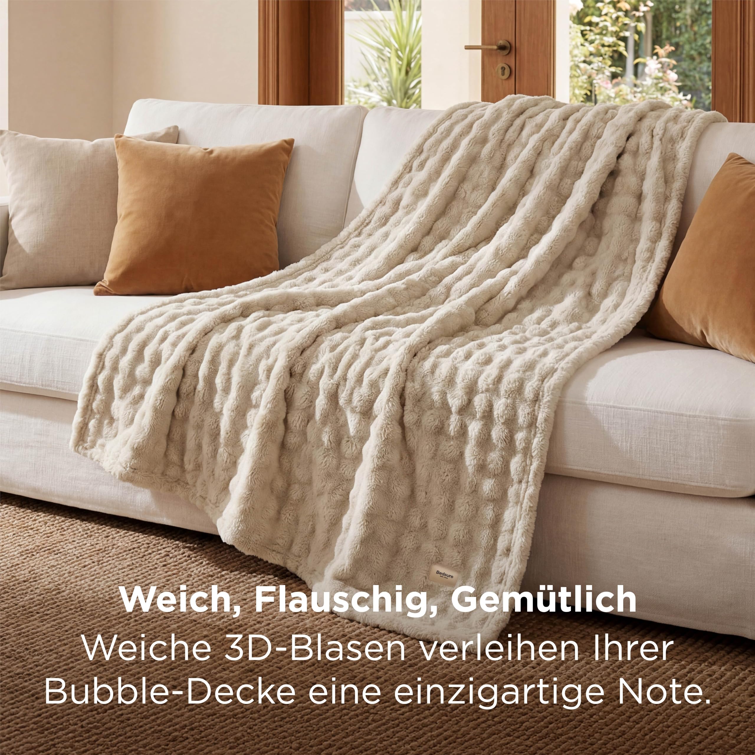Bedsure Plaid Morbido Polare Bolla - Regali Per Donne Coperta Decorativa, Plaid Caldo per Divano e Letto, Coperta Morbida per Soggiorno, Camera e Casa, Beige, 150x200 cm