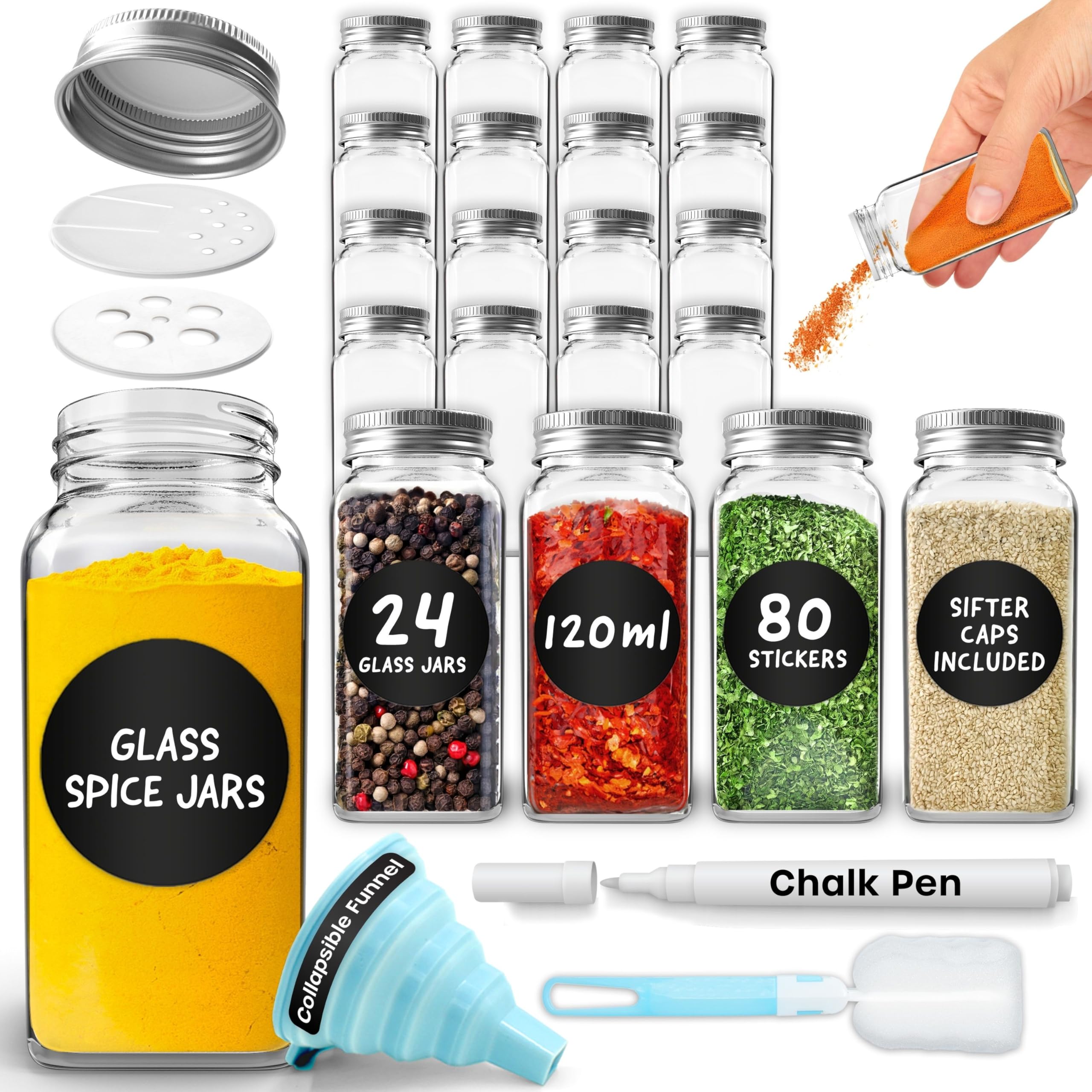 volila Glass Spice Jars with Lids and Labels for Herbs and Spices - 120ml Square Spice Jars Storage for Kitchen Organisation - Comes with Stickers, Pen, Cleaning Sponge and Funnel (24 Pack)