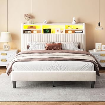 Homkdom Queen Bed Frame, Upholstered Bed Frame with Vertical Channel Tufted Headboard,Velvet Bed Frame Queen with Charging Station and LED Lights, Wooden Slats, Noise Free, Beige