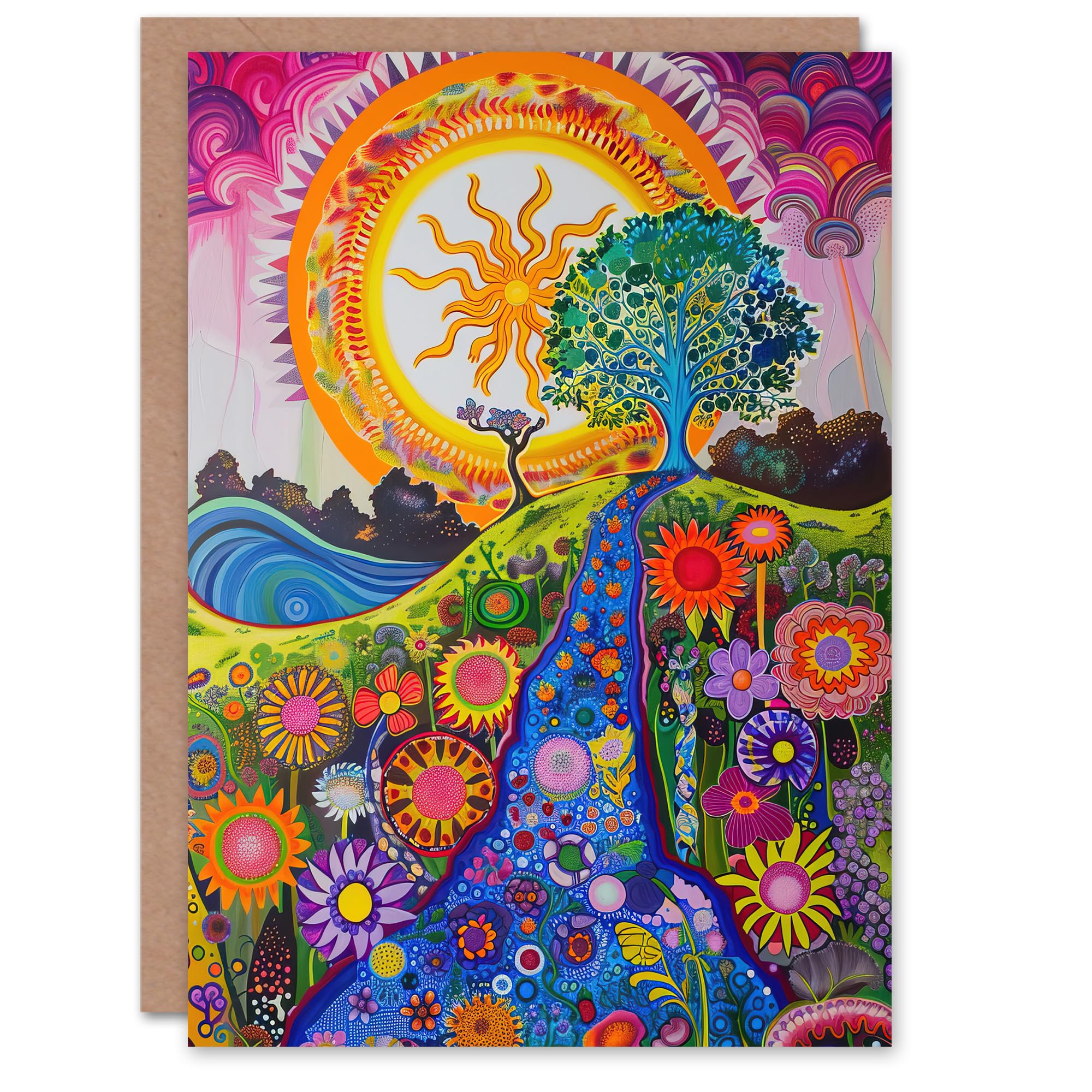 Artery8 Bright Colourful Hippy Artwork Flowers Sun Trees Greeting Birthday Card Him Her All Blank