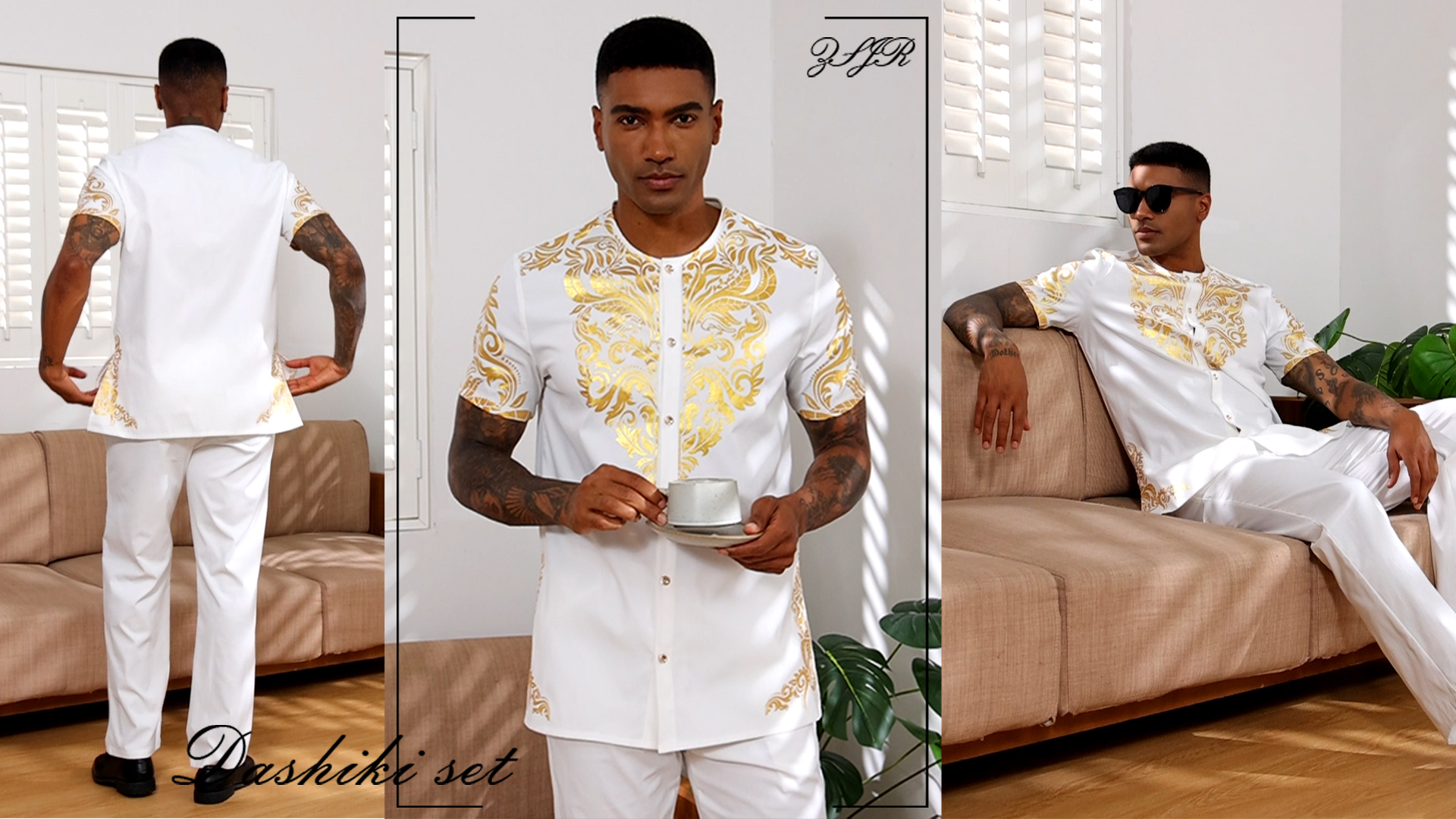 ZSJR Mens African 2 Piece Set Nigerian Dashiki Metallic Short