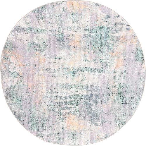 SAFAVIEH Sequoia Collection - Alfombra redonda de 6 pies 7 pulgadas, verde y morado, diseño abstracto moderno, no desprende pelusa y de fácil