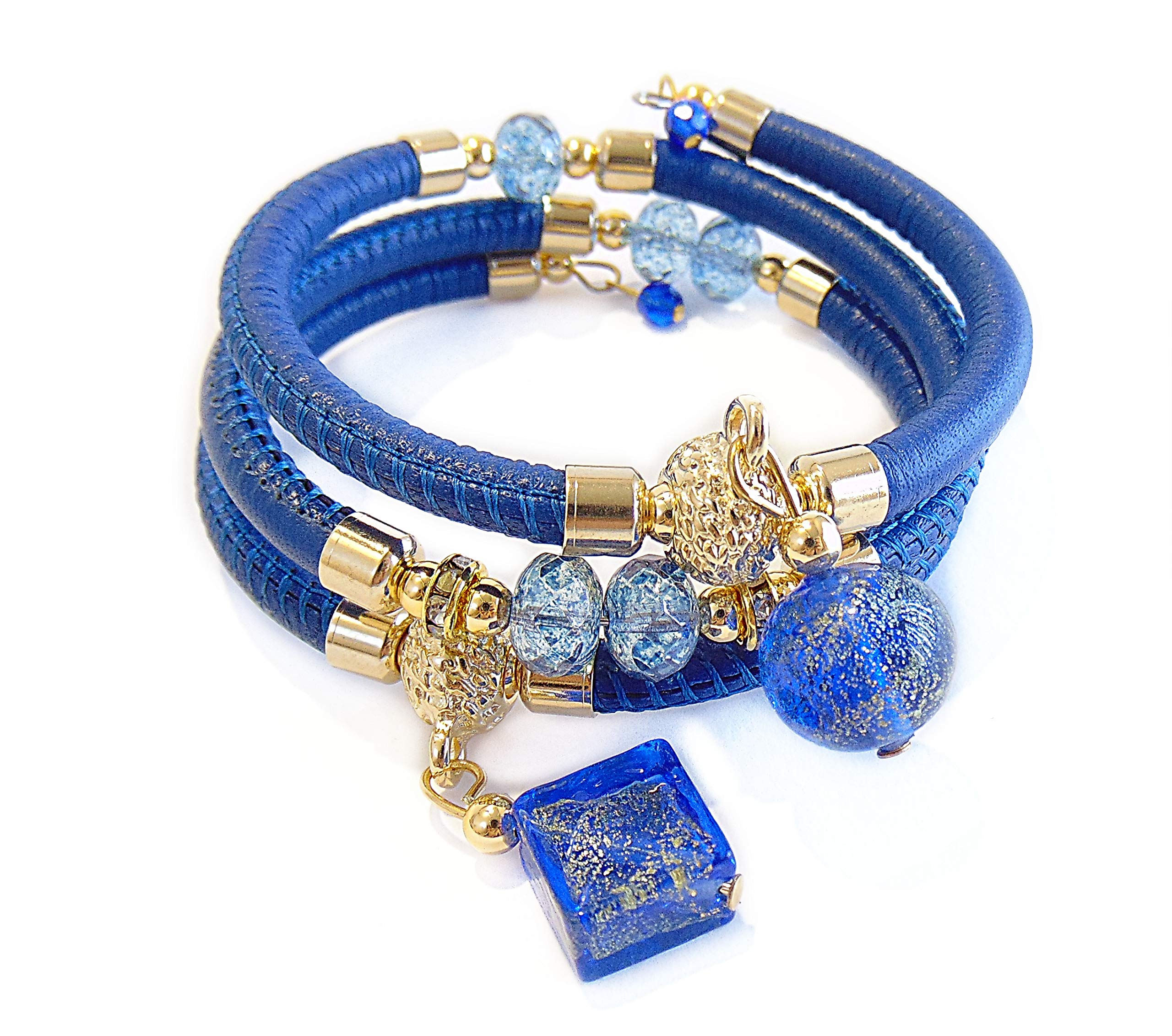 Bracciale Tre Giri In Vetro Di Murano E Pelle Toscana - Bianco Con Foglia Oro 24kt E Argento, Made In Italy Certificato