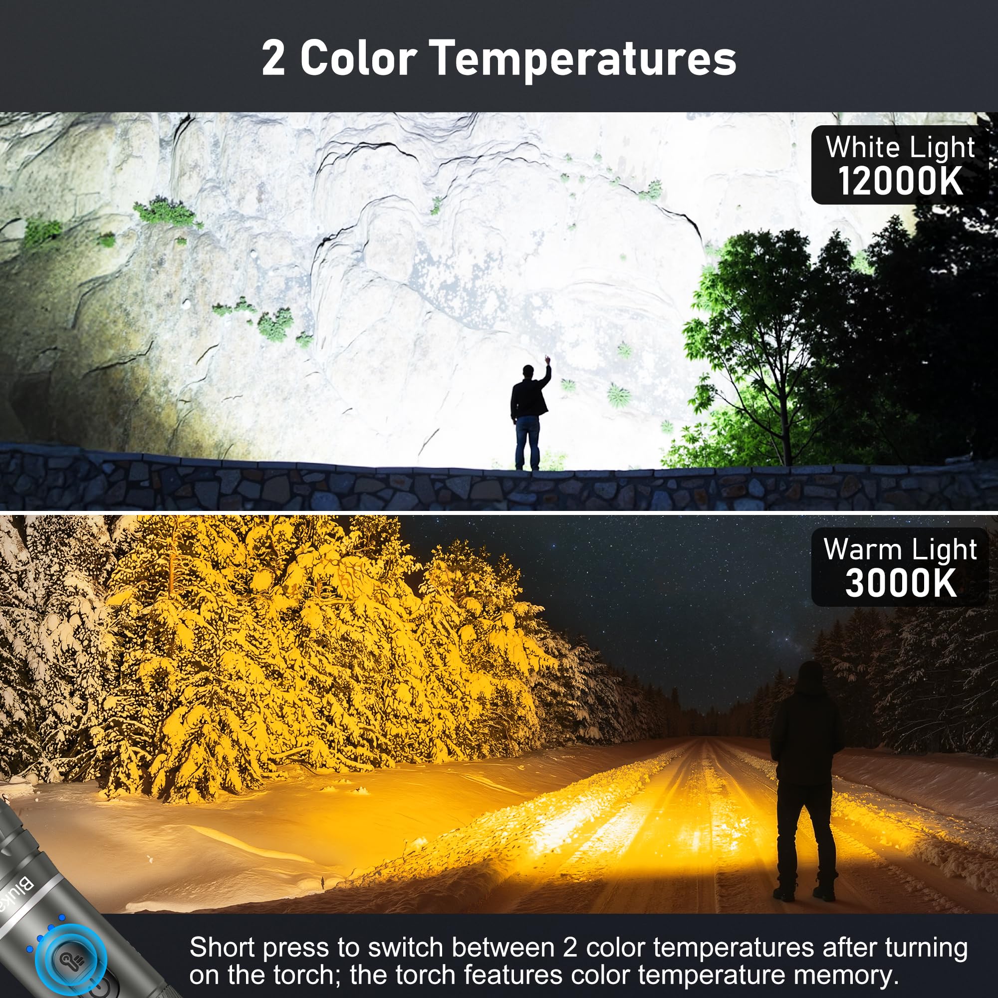 Blukar Torcia LED Ricaricabile 2 Temperatura Colore,Super Luminoso Torcia Potente,10 Modalità,Zoomabile,Funzione di Memoria,Impermeabile Flashlight per Campeggio/Emergenza/Interruzione di Corrente