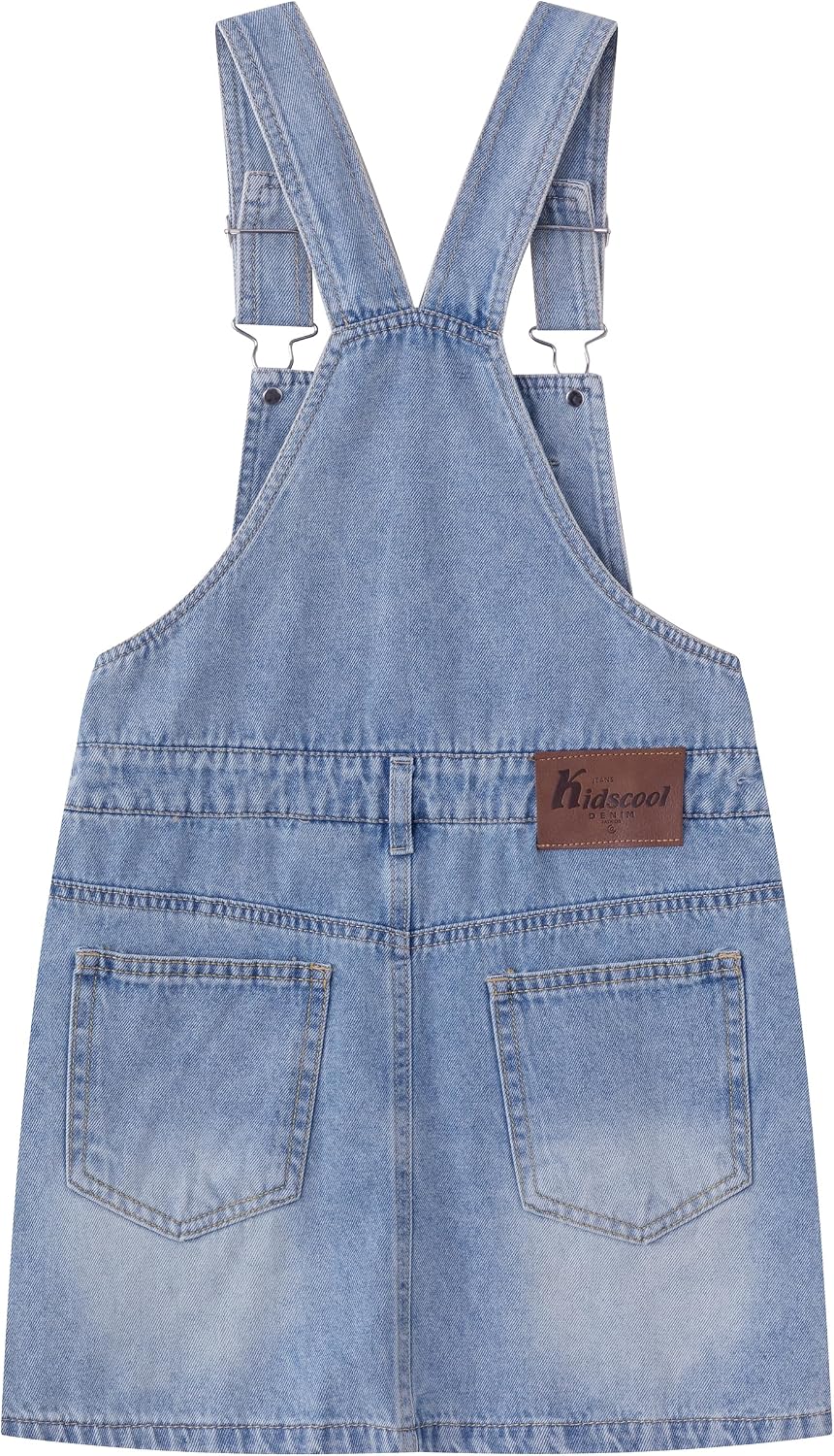 KIDSCOOL Girls Denim Overall Skirt Kids Distressed Jean Bib Dress Jumper | Girls denim overall skirt, kids distressed jean bib dress, youth casual jumper suspender sundress, teen school outfit