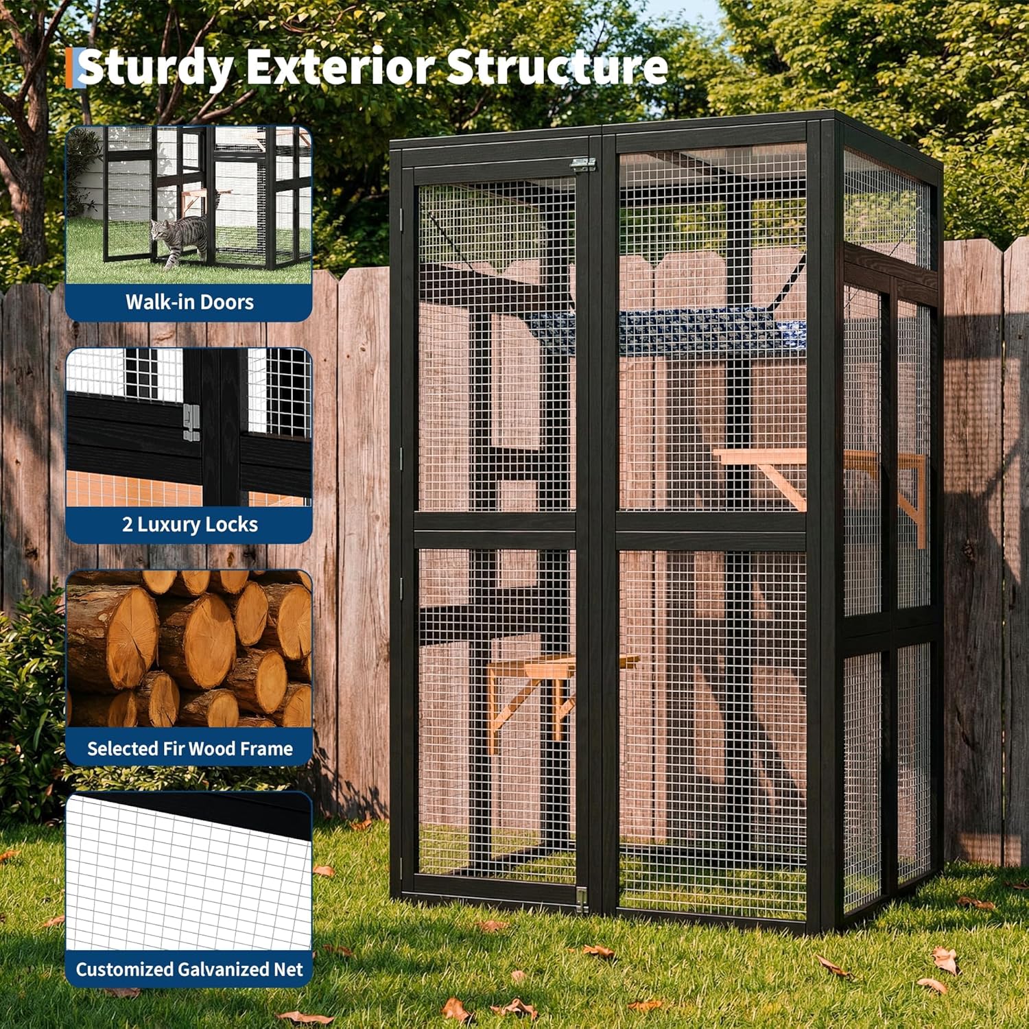 Outdoor Small Catio Wooden Cat Enclosure with Hammock, Window Access & 2 Platforms, Weatherproof Catio Cat Cage for Balcony/Patio/Backyard or Indoor Use Black