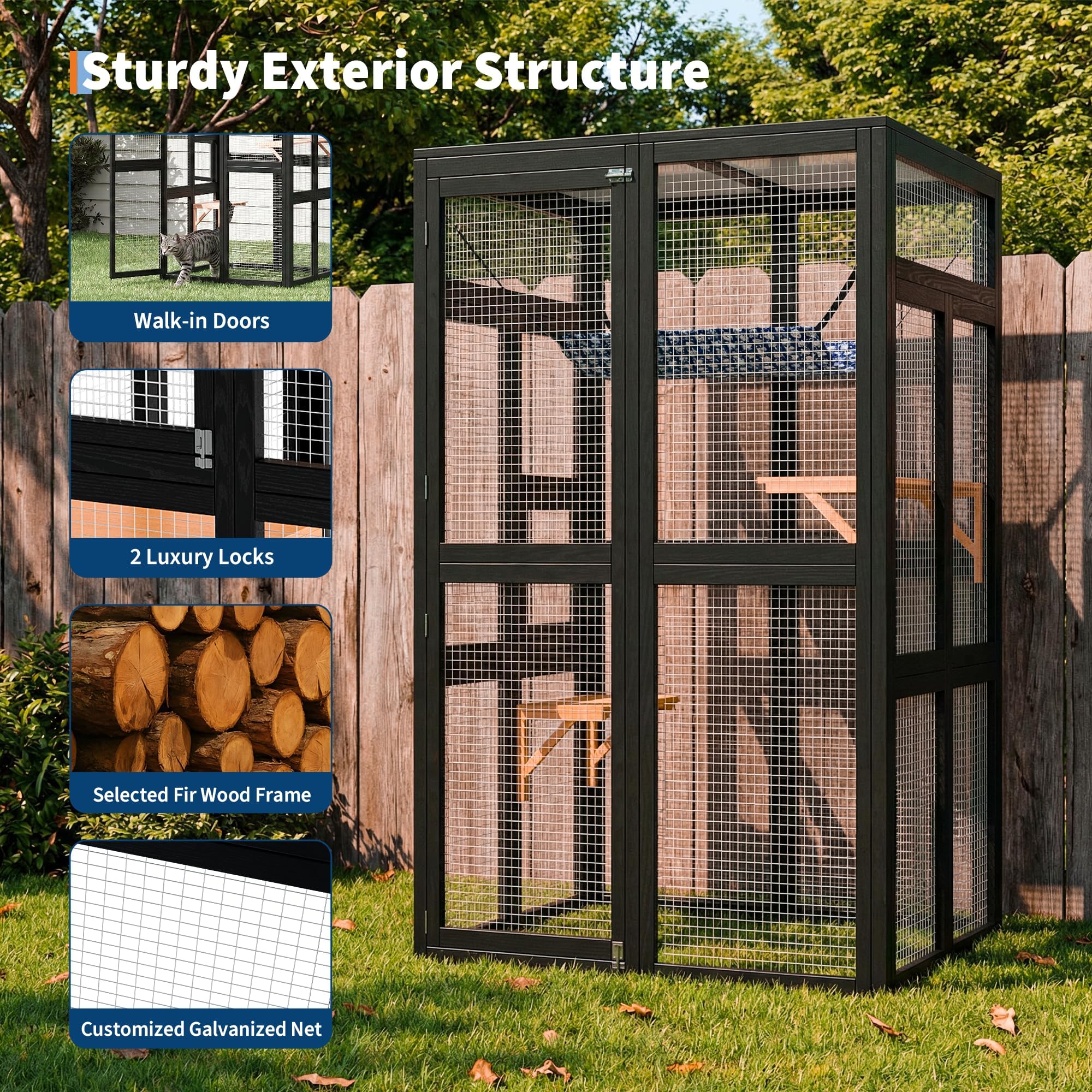 Garvee Enclos à Chat Extérieur en Bois – Toit imperméable, 2 Plateformes, Hamac, Accès Fenêtre – Multi-Chats, Jardin, Balcon, Noir, 100×84×162 cm