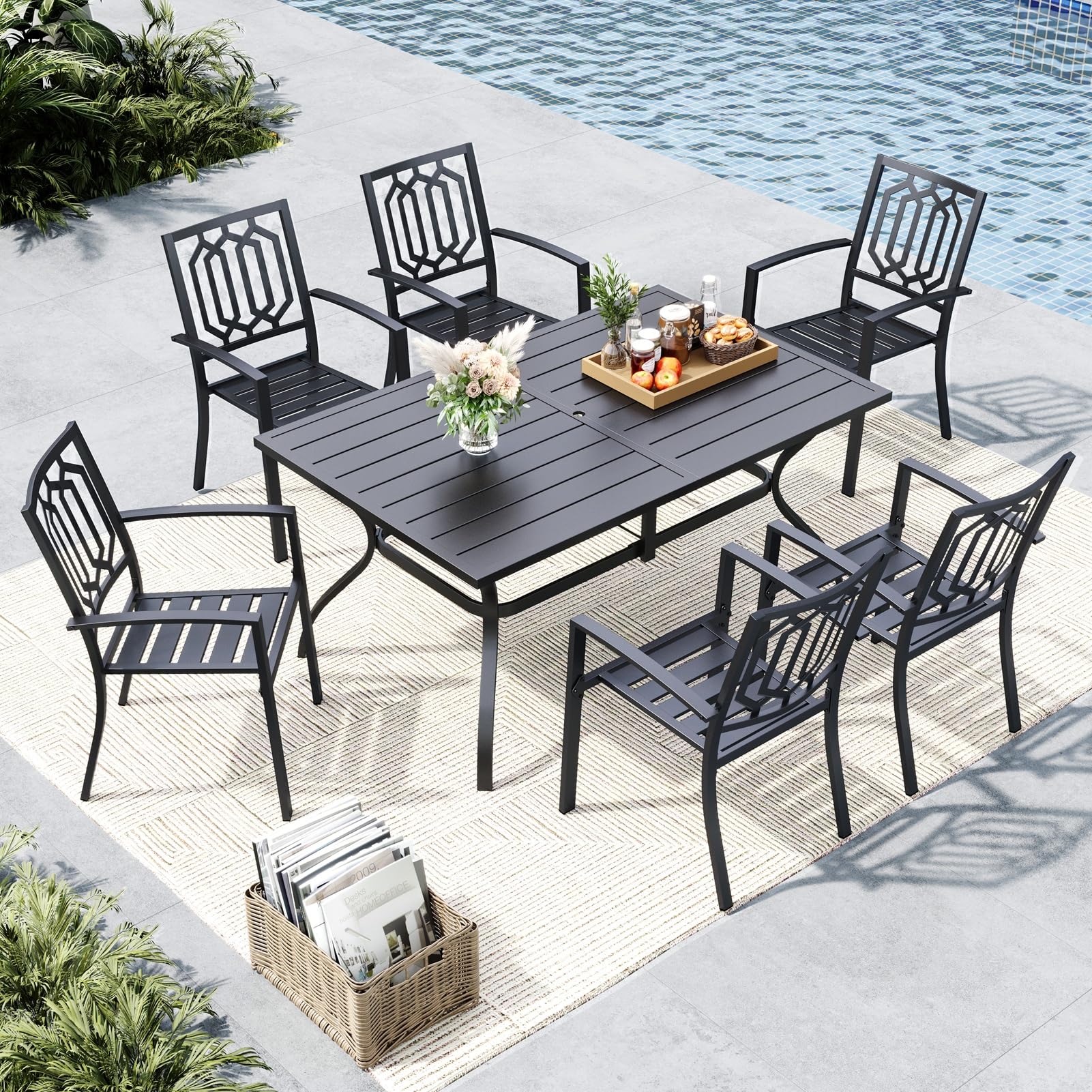 MFSTUDIO Patio Table and Chairs Set of 6, Outdoor Dining Set with Umbrella Hole : Patio, Lawn & Garden