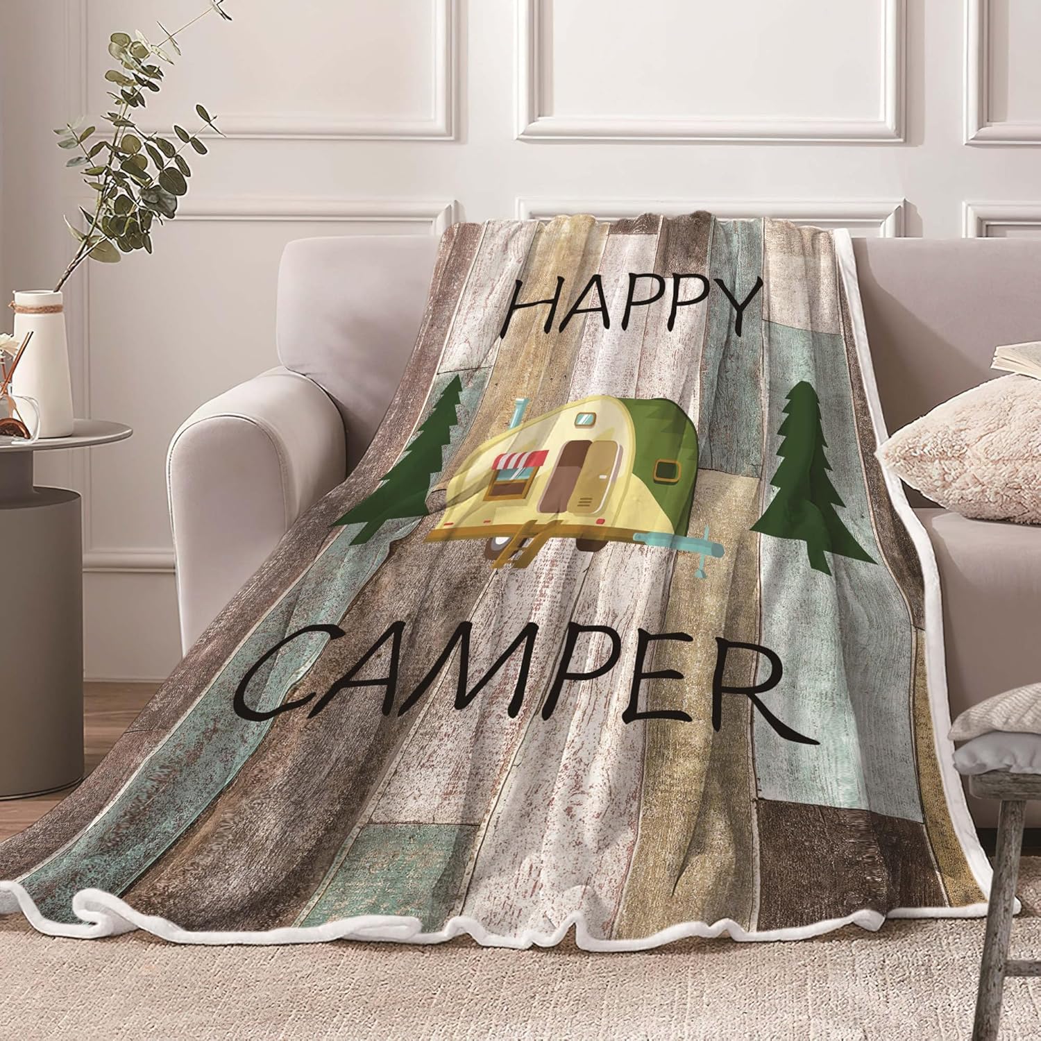 Camping Throw Blanket, Camping Gifts for Camper Outdoor Travel Trailer Blanket, Super Soft Comfy Fleece Flannel Throws Blankets for Couch Bed Sofa Living Room Bedroom Decor Green 60X90 Inches