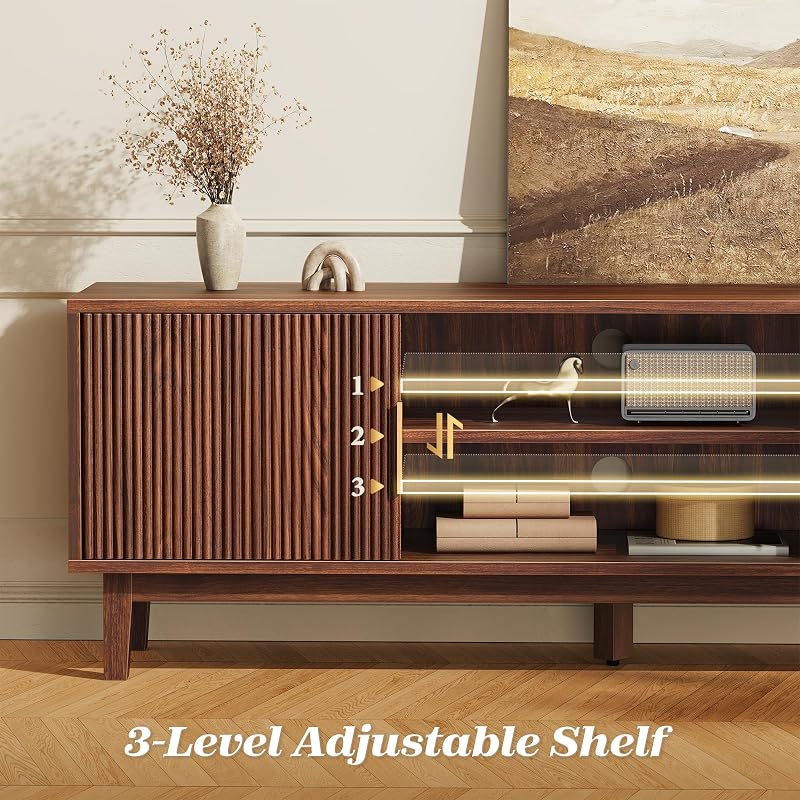 PRAISUN 54 Inch Fluted TV Stand for TVs Up to 55, 60 Inch, Mid Century Modern Entertainment Center with Storage, TV Console with Adjustable Shelves, Media Console for Living Room Bedroom, Brown image 5