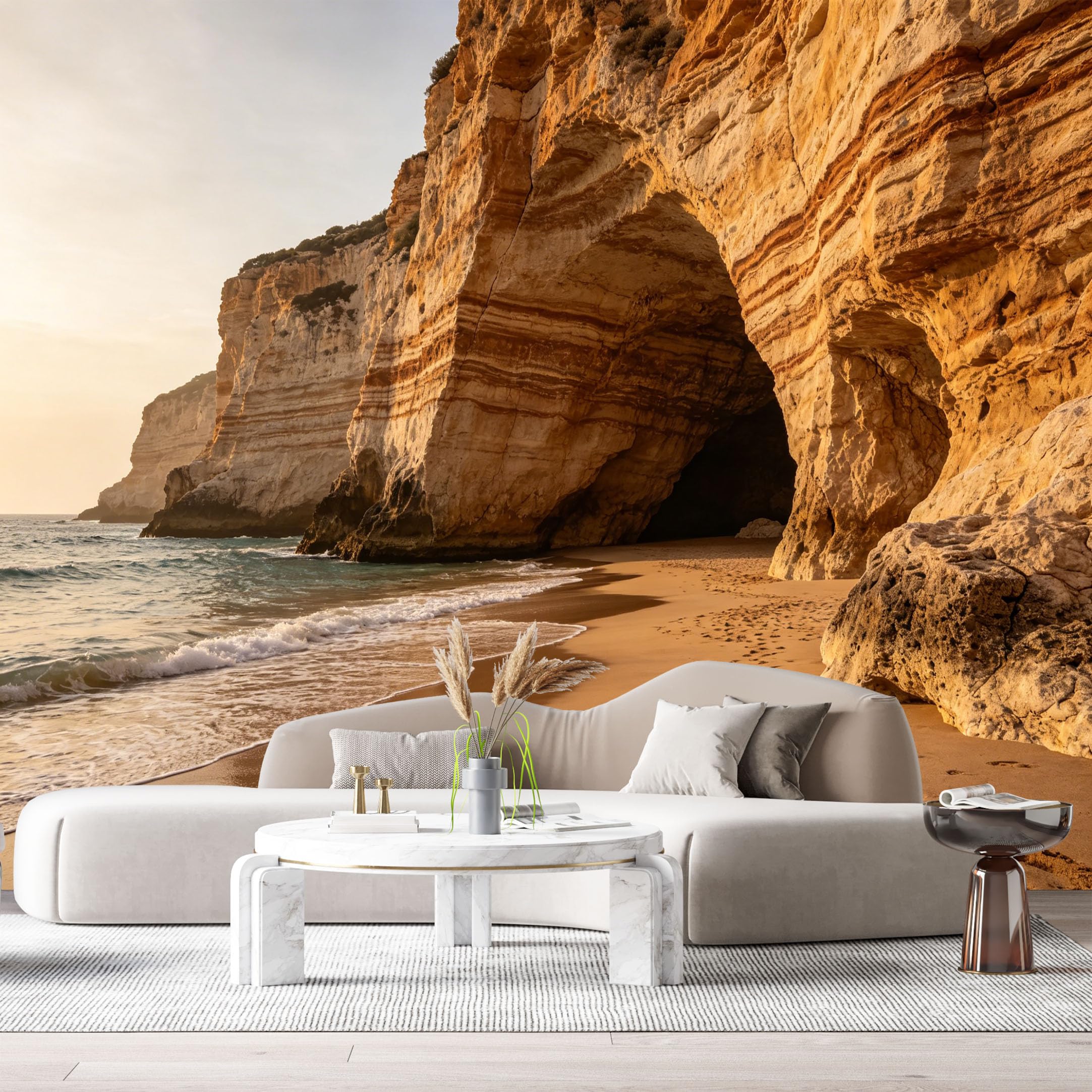 Custom Size Wall Murals Coastal Landscape Ocean Marine 3D Trompe L'Oeil Sand Beach Rock Cave SelfAdhesive Wall Fabric Removable Large Wallpaper for Photo Living Room