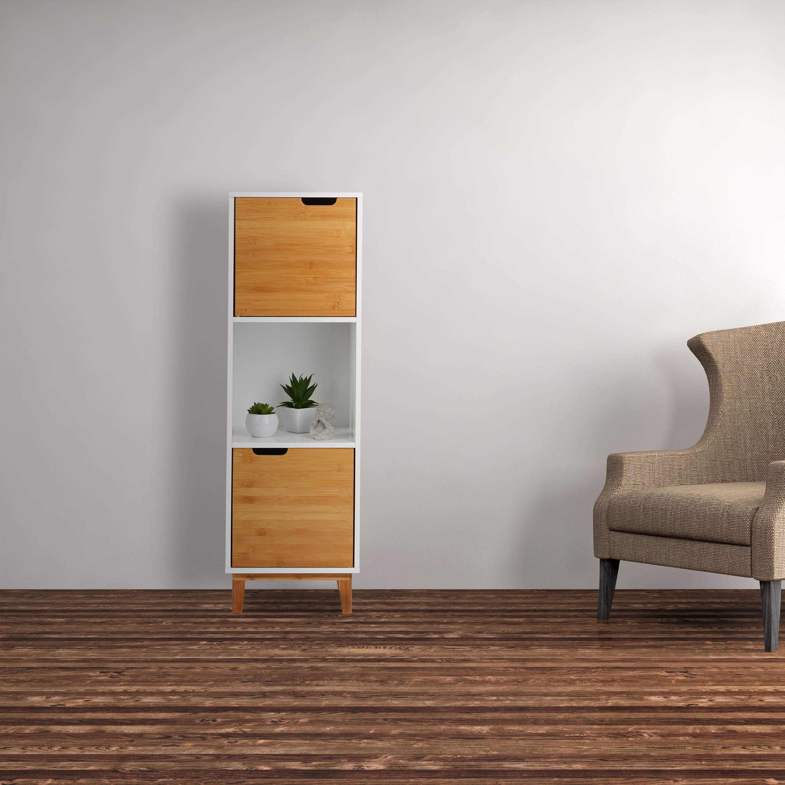 Relaxdays Estantería, Librería con Puerta, Estilo escandinavo, MDF y bambú, Blanco, 101x32x30 cm