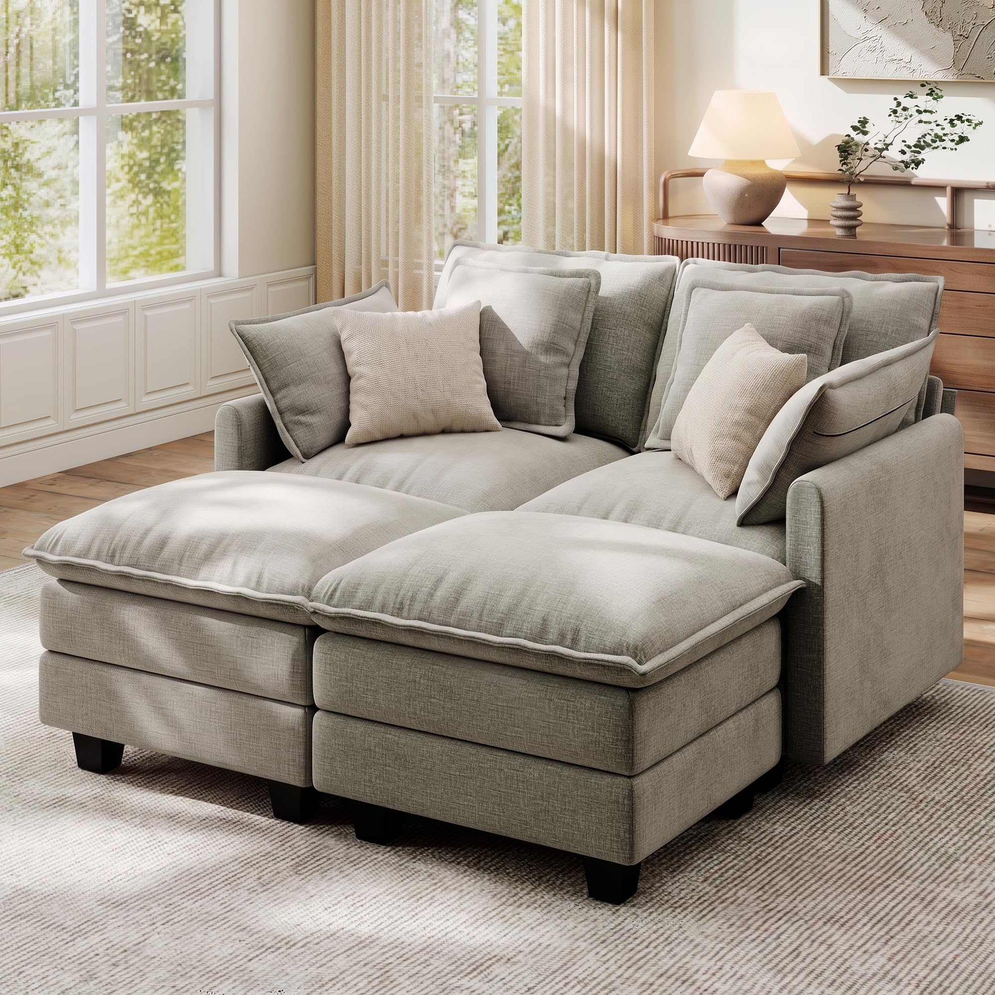 Ihanherry 57" Modular Sectional Cloud Sofa, Convertible Sofa Bed 4 Seat Chenille Couch with Movable Ottomans and 48" Deep Seat, Couches for Living Room, Grey