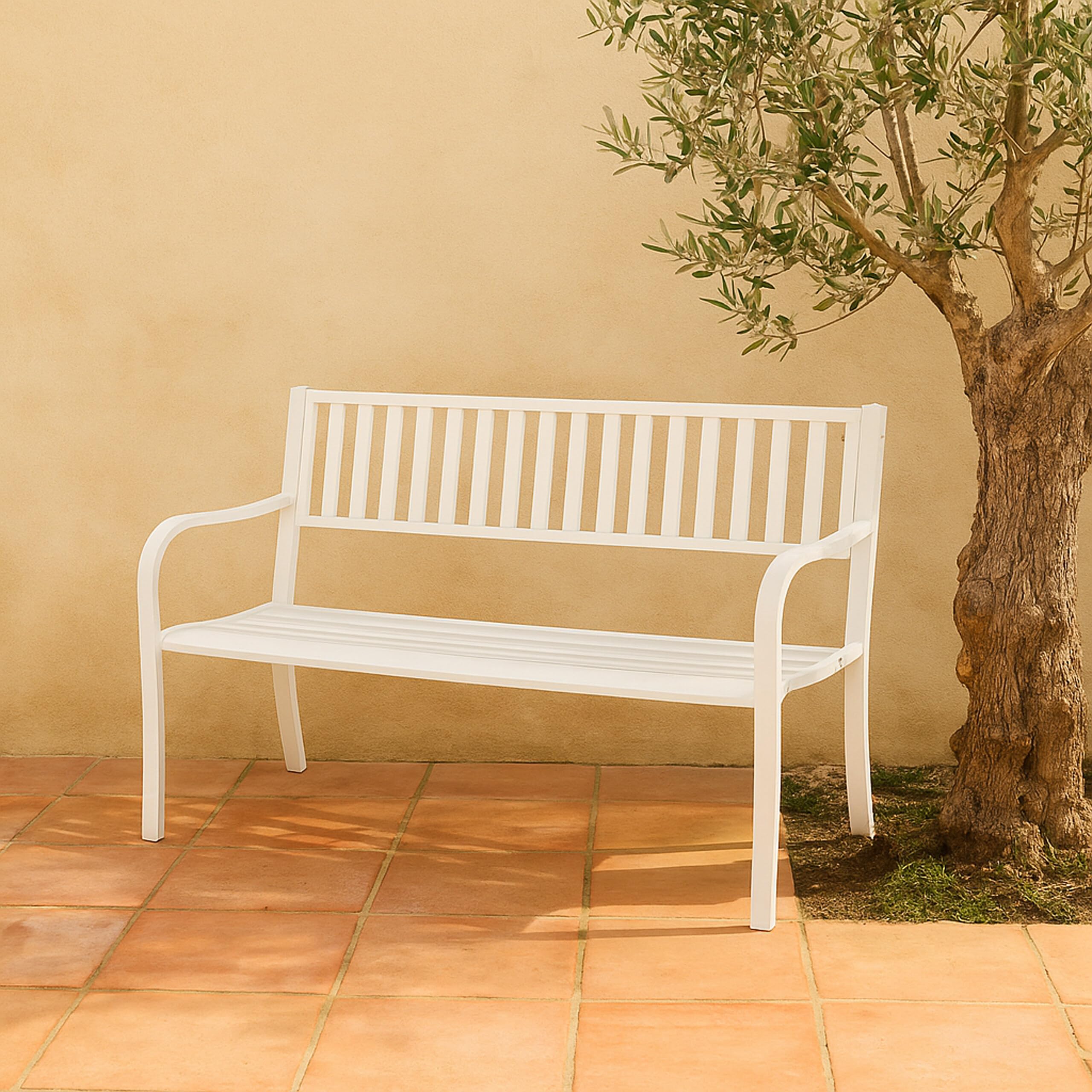 Relaxdays Banc de Jardin 2 Places en Acier, terrasse, Balcon, Blanc, 82 x 127,5 x 59,5 cm