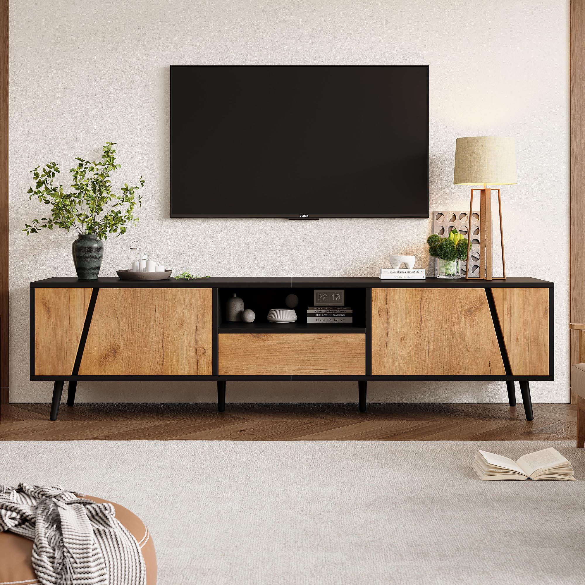 Merax TV Stand for 75 Inch TV, 180cm TV Unit, Modern TV Cabinet with Storage Shelf, Wood & Black TV Console Entertainment Centre for Living Room Bedroom