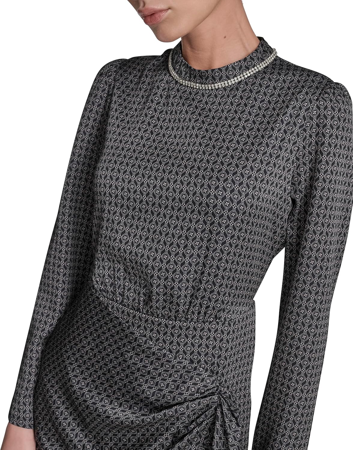 BCBG Women's Long Sleeve Jewel Neck Ruffle Trim Wrap Mini Dress - Image 5