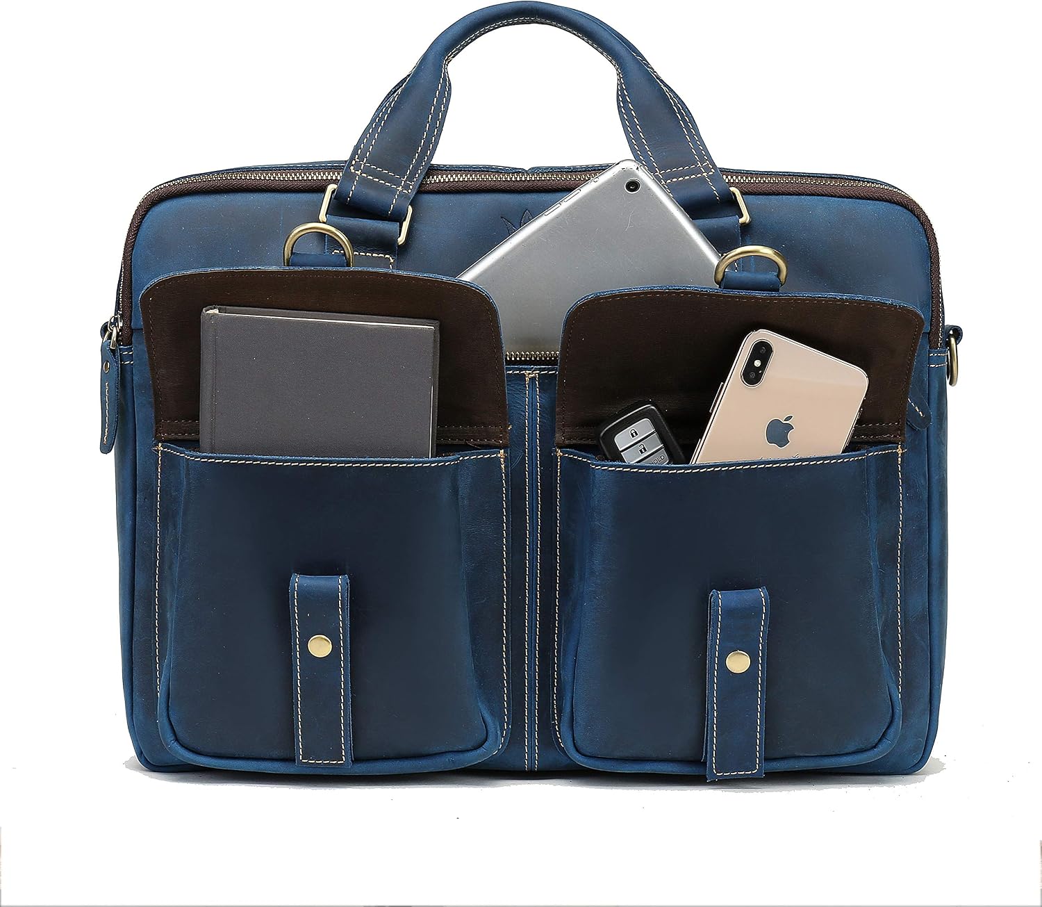Review Product WILD WORLD Leather Briefcase Shoulder Bag for Men Business Laptop Bag Fit Up to 17 Inch Computer (Navy Blue)