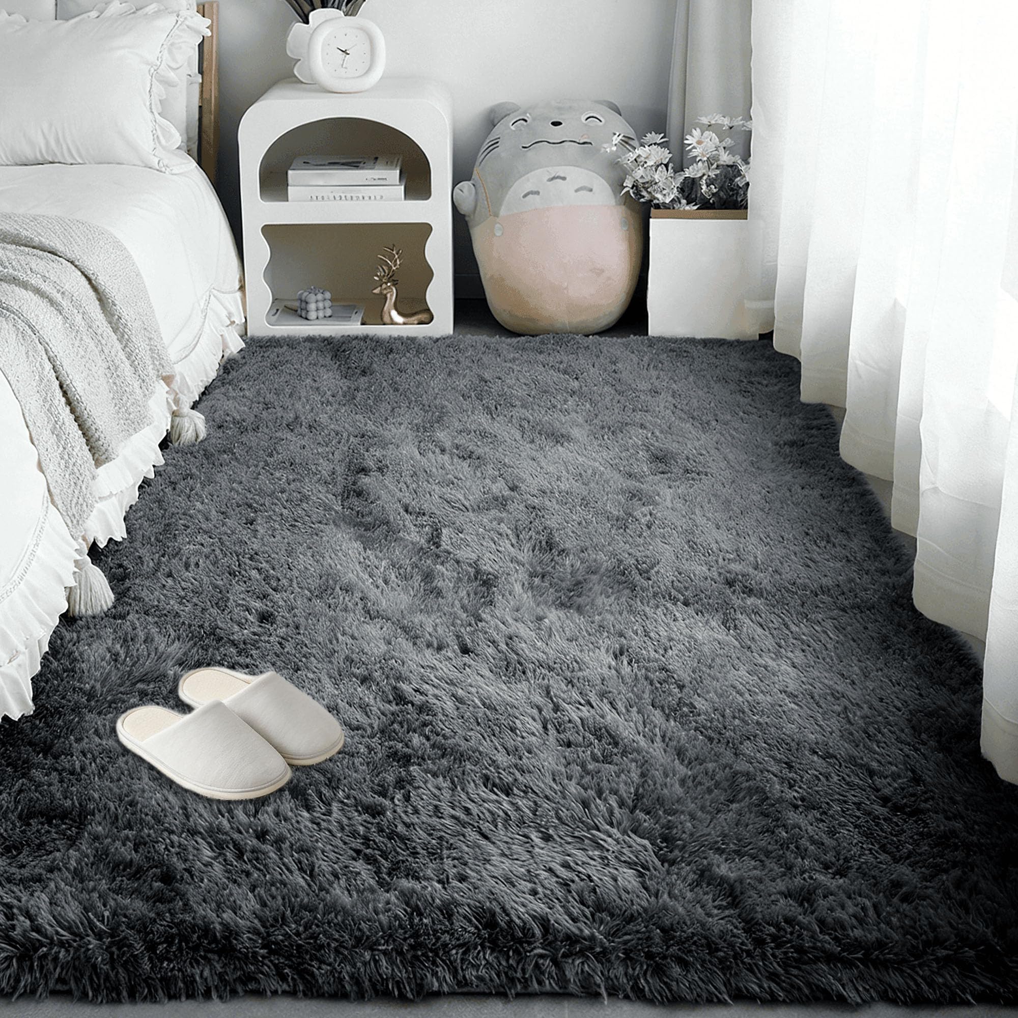 Tapis de salon 220 x 320 cm shaggy moderne grand tapis chambre gris foncé